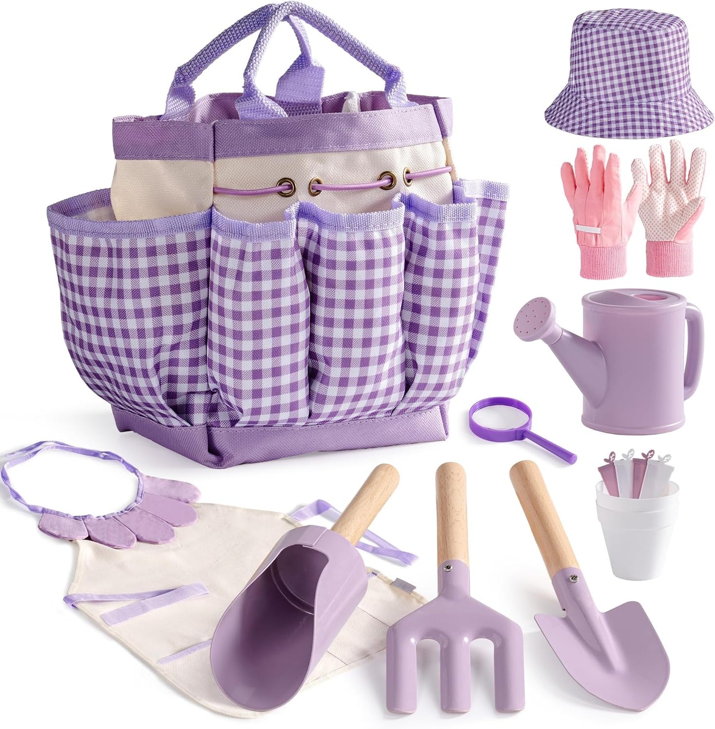 ROBOTIME Kids Gardening Set, 17PCS Toddler Gardening Tools, Toddler Gardening Set with Apron, Hat, Gloves, Watering Can & Tool Bag – Outdoor Play Garden Kit for Kids for Hands-On Learning (Purple )
