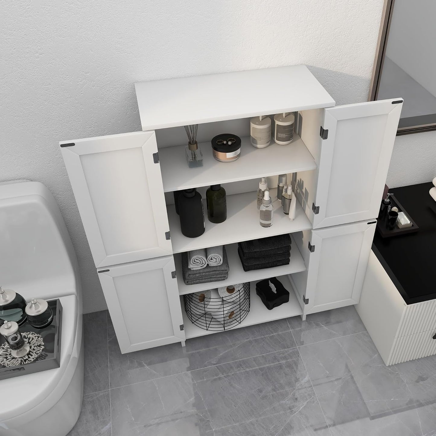 TaoHFE 2 Tier White Bathroom Storage Cabinet,Wood Bathroom Cabinets Freestanding with 4 Door Organizers Storages with Adjustable Shelves, Storage Cabinet for Living Room,Laundry Room,White