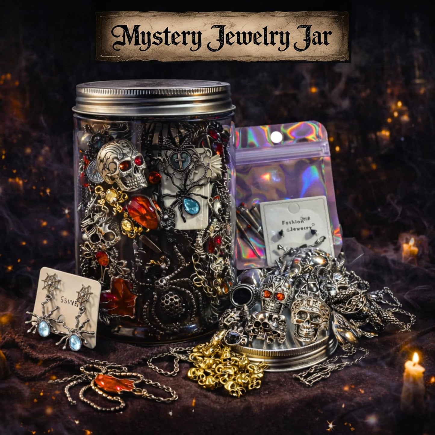 Gothic Mystery Jewelry Jar Witchy Jewelry Gift Set Surprise Jewelry Set Includes Necklaces, Earrings, Rings, Bracelets, Brooch for Unique Anniversary Birthday Friendship
