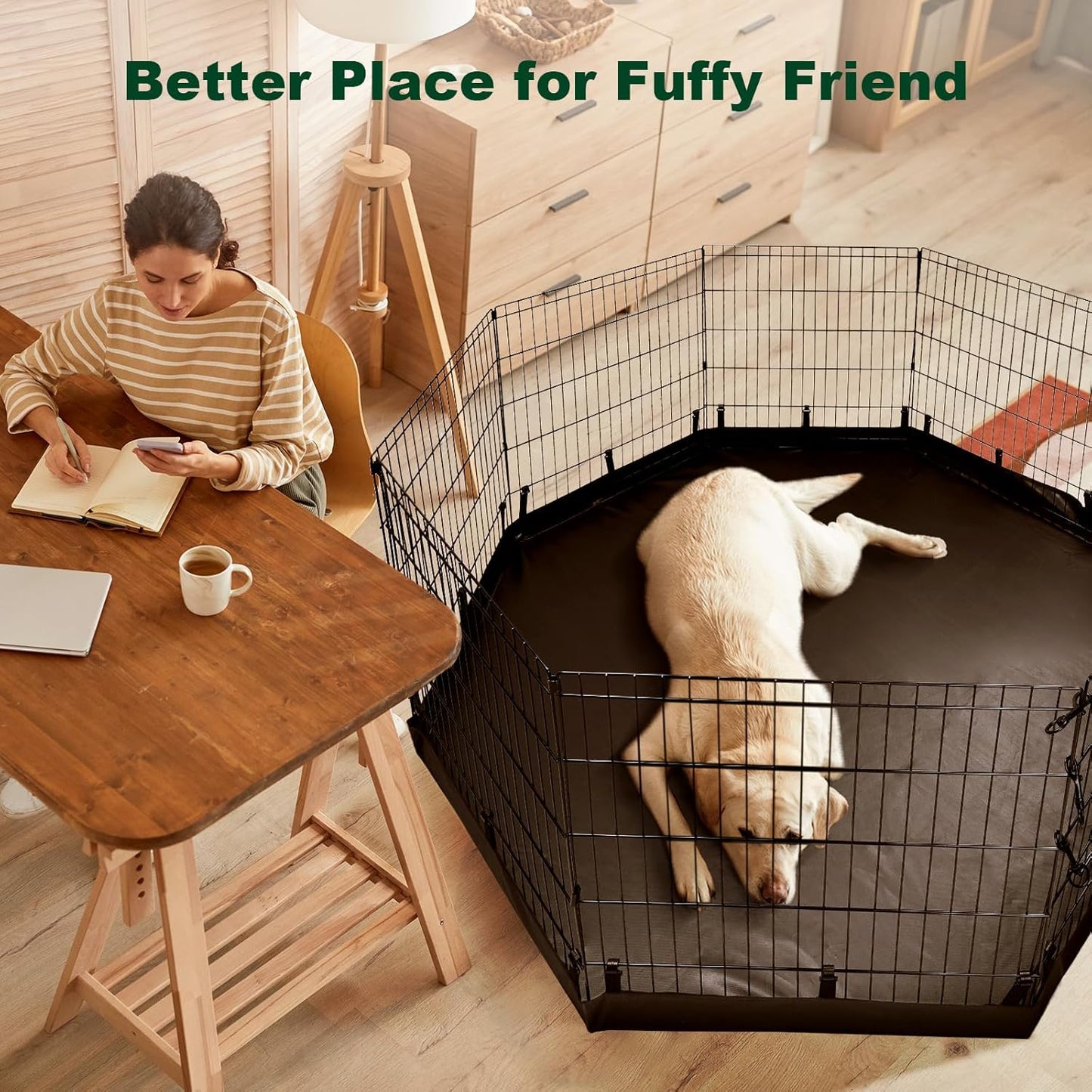 PJYuCien Dog Playpen with Top Cover and Bottom Pad - Metal Foldable Exercise Pen, 8 Panels 42" H x 24" W Indoor Outdoor Pet Fence Puppy Crate Kennel, Black