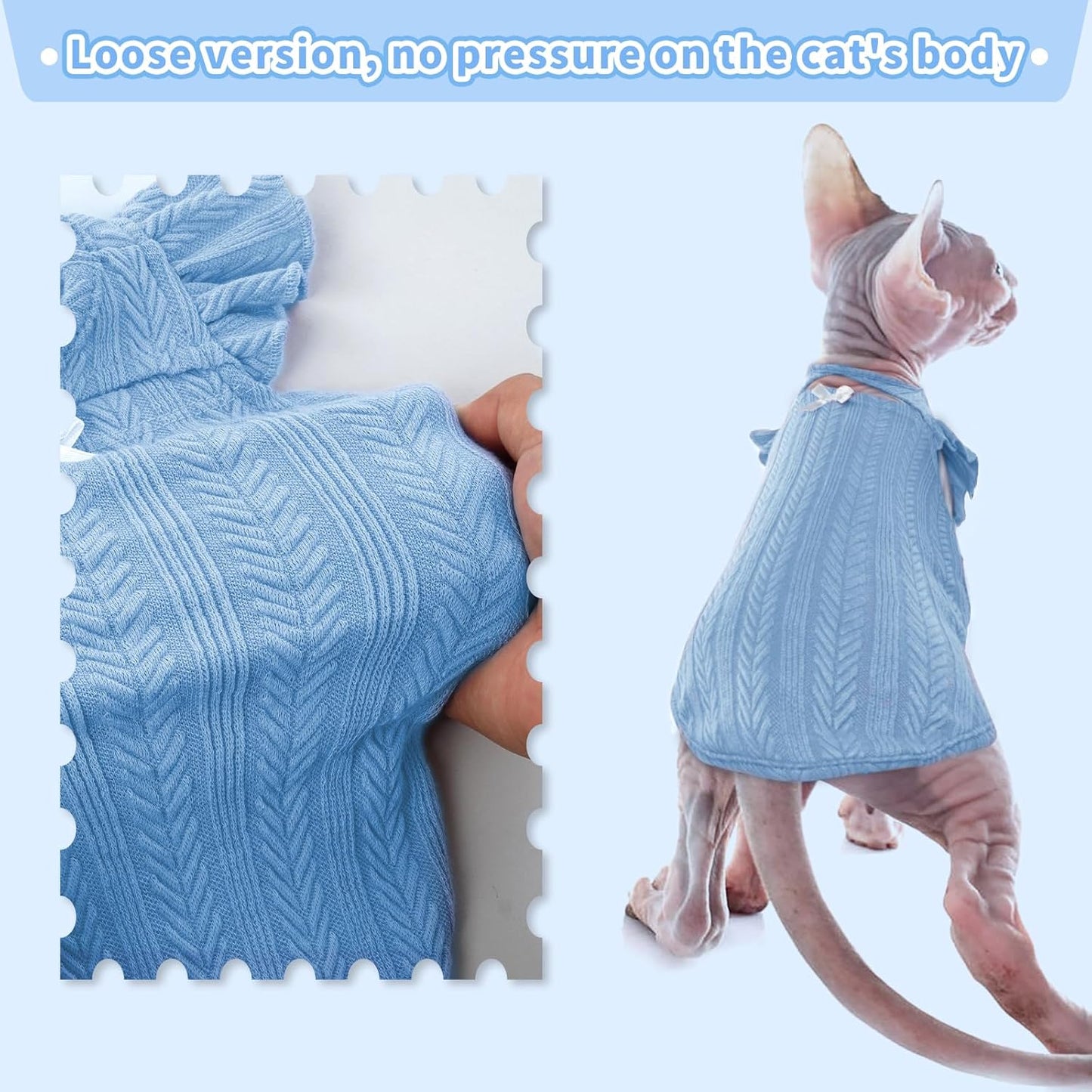 DENTRUN Sphynx Hairless Cats Shirt Pullover Kitten Clothes with Cute Flounced Sleeves Breathable Cat Wear Sweater Jumpsuit Sphynx Outfit Vest Blue XX-Large