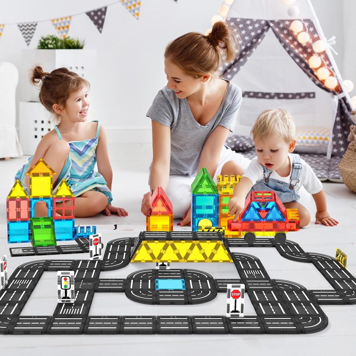 Magnetic Tiles Road Set, Magnet Tiles for Kids Ages 3-5 4-8 5-7, Magnetic Building Blocks Montessori Educational STEM Creativity Toys 3+ Year Old Boys & Girls Toddlers Kids Valentines day Gifts
