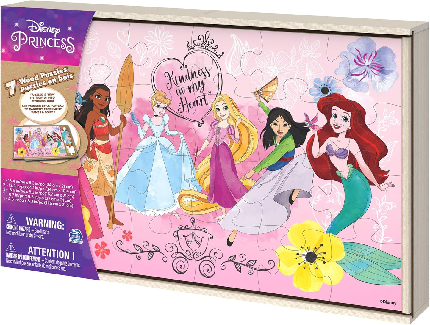 Spin Master Games, Disney Princess Puzzles, 7-Pack, Jigsaw Kids Puzzles, 12, 16, & 24 Pieces, Featuring Ariel, Tiana, Rapunzel, Pocahontas, Storage Tray, Easter Gift, for Ages 4 & Up