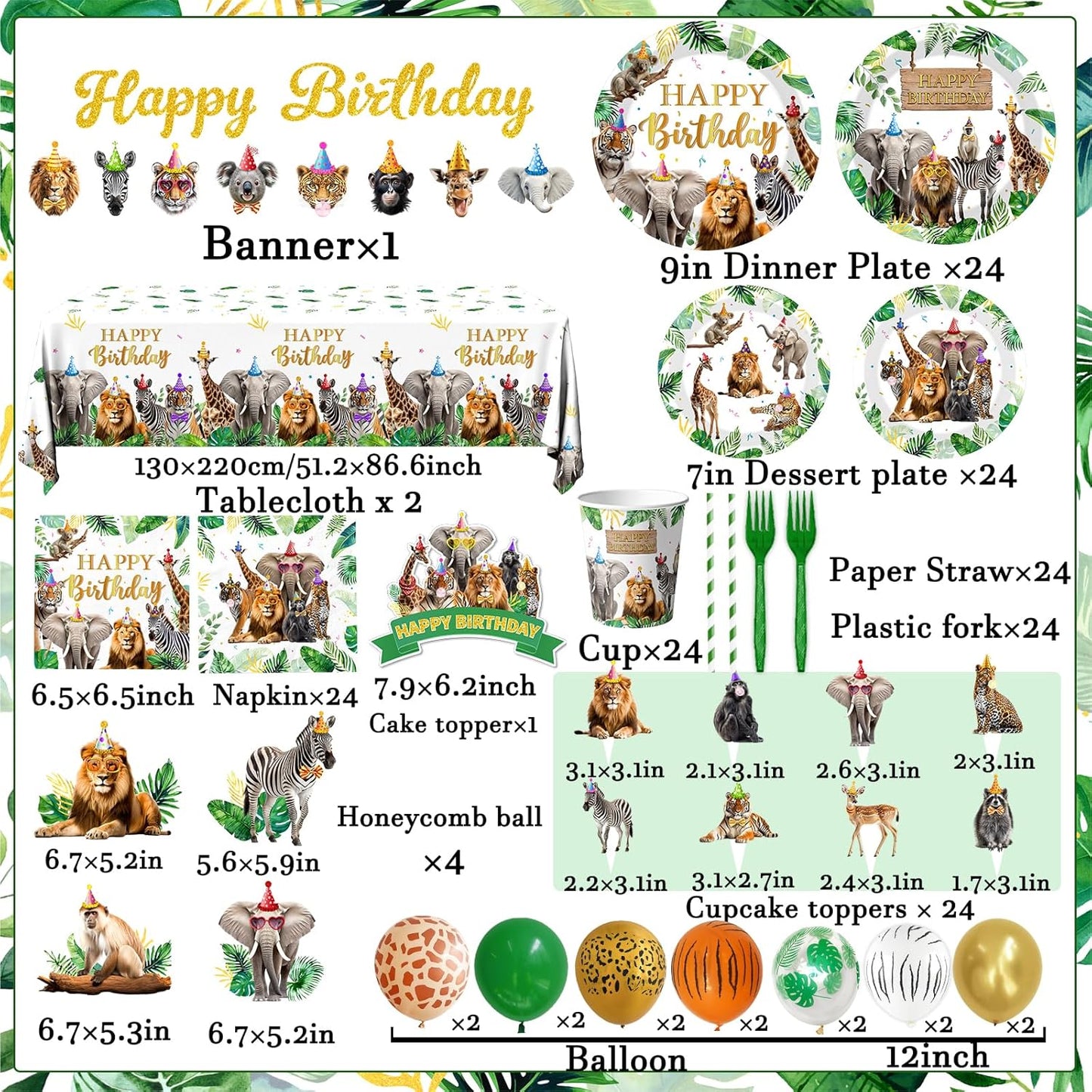 Safari Themed Party Decorations Tableware,198pcs Jungle Plates and Napkins for Party,animal Birthday Party Tablecloth Cups Cake Toppers Balloons for Zoo Party Decorations