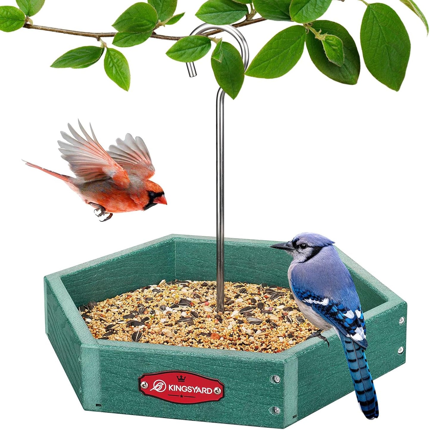 Kingsyard Heavy Duty Hanging Platform Bird Feeder Weatherproof, Recycled Plastic Tray with Metal Mesh Screen, Easy Clean Outdoor Feeder for Cardinals Bluebirds Wild Birds, Green