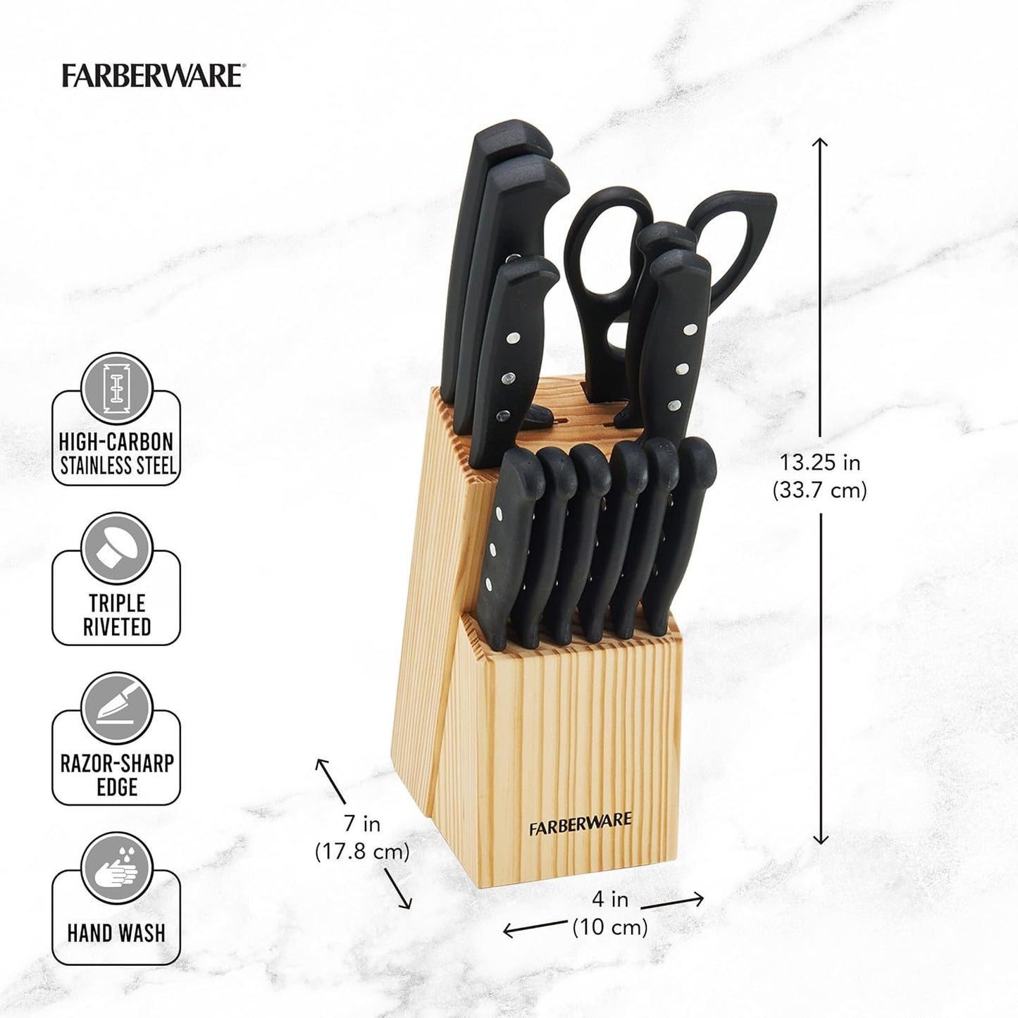 Farberware 22-Piece Never Needs Sharpening Triple Rivet High-Carbon Stainless Steel Knife Block and Kitchen Tool Set, Black, Durable AND Precision Cutlery