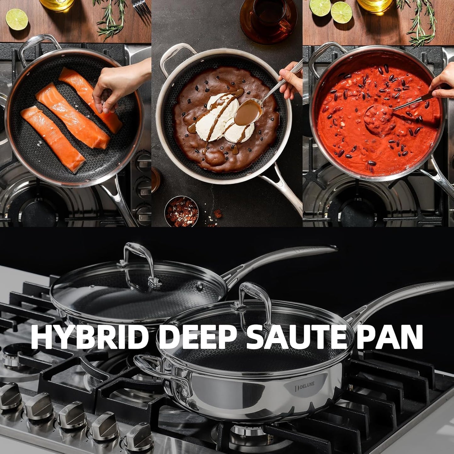 Deluxe 13 Piece Hybrid Ceramic Nonstick Stainless Steel Cookware Set-5 Piece Frying Pan Set, 6 PC Pot Set, 3.7QT Deep Sauté Pan&Lid, Induction Ready, Stay Cool, PFOA Free Compatible with All Cooktops