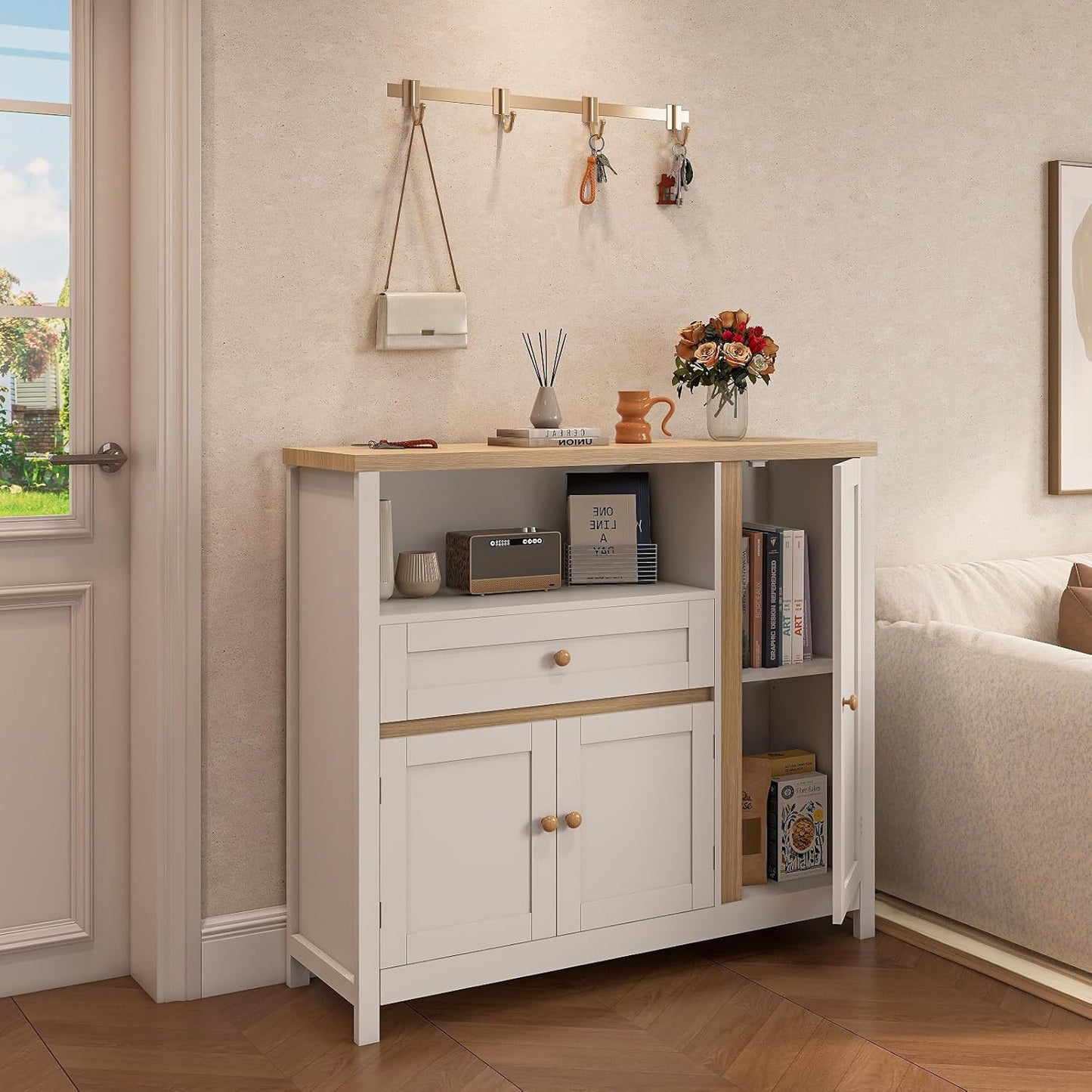 Storage Cabinet with Doors and Drawers,Kitchen Storage Cabinets，with Drawer and Adjustable Shelf（White）