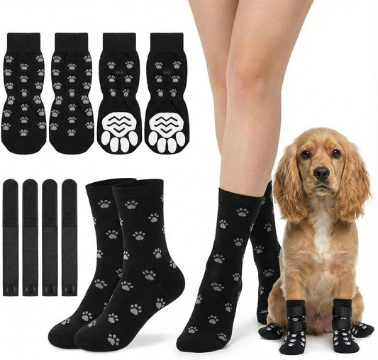 Advanced Anti-Slip Dog Socks & Dog Boots, Adjustable Dog Shoes for Hardwood Floors, Soft Fabric Paw Protectors for Senior Dogs Matching Owner Socks Gift Set (Size L)
