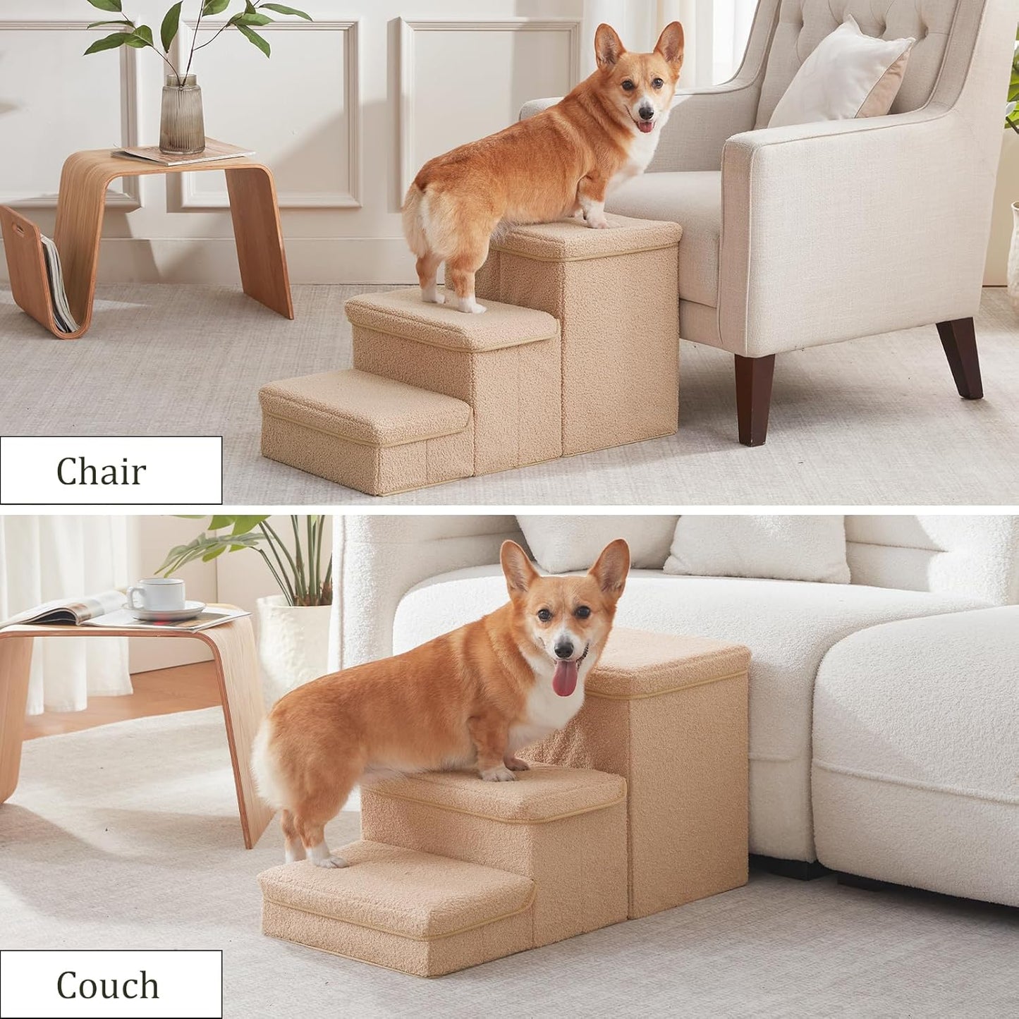 Dog Stairs with Storage, 3-Step Sturdy Dog Steps for Small Medium or Large Older Dogs Cats, Folding Pet Stairs Climbing Sofas, high beds, Windows and Cars (Beige, No Condo,16.7" H)