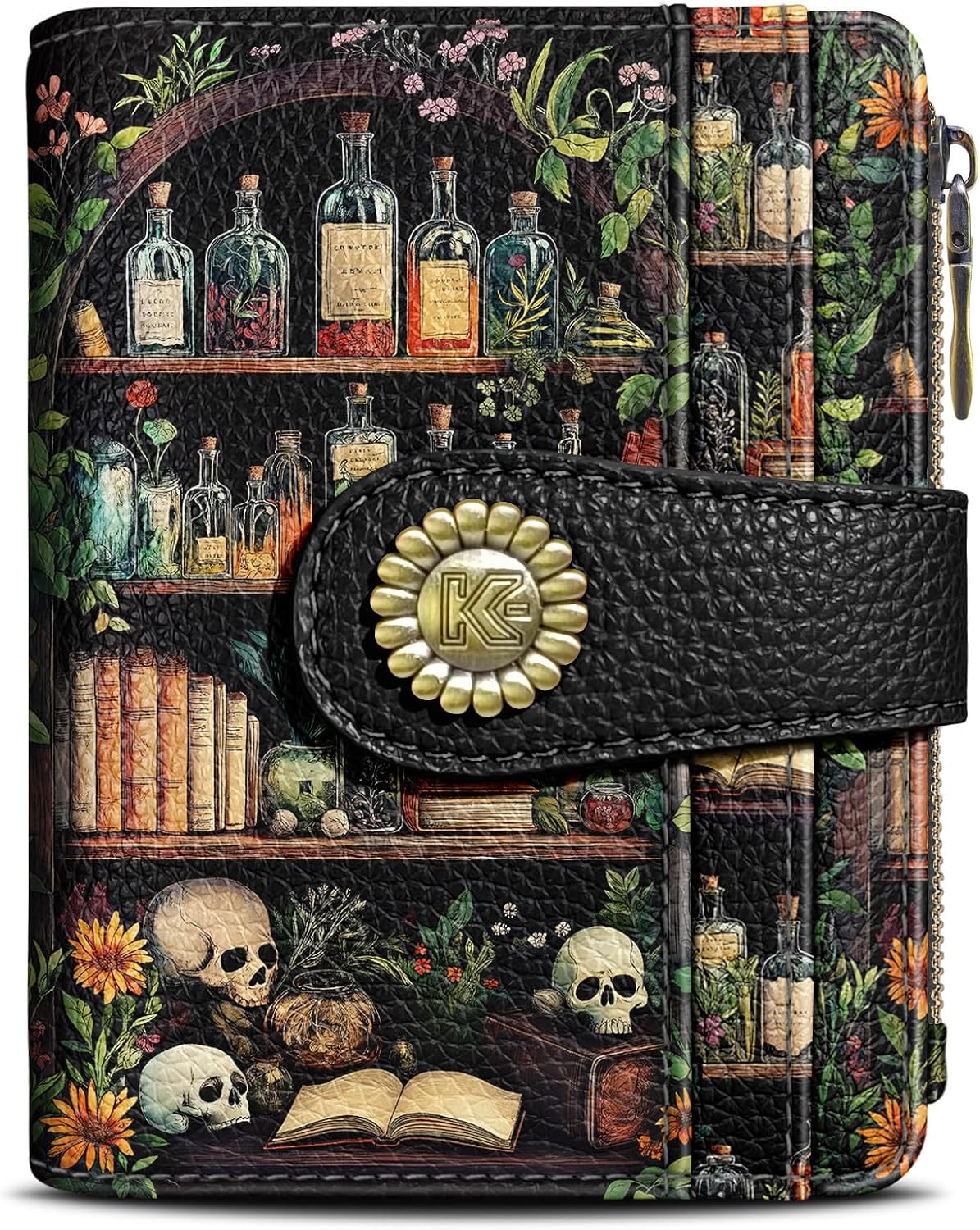 Bookshelves Skull Goth Gothic Small Rfid Women Wallet Bifold Zipper Coin Pocket PU Leather Compact Cash Credit Card Holder Travel Wallet Female Ladies Teen Girls 1 ID Window 10 Card Slots