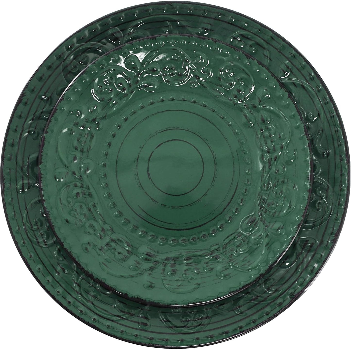 Elama Malibu Sea Glass 16-Piece Stoneware Embossed Pattern Reactive Glaze Dark Green Dinnerware Set, Tableware, Serveware Set (Sea Glass Green)