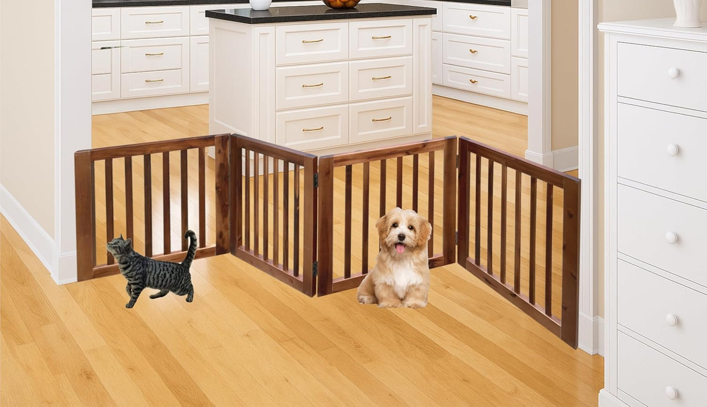 TabaGo Acacia Wood 4-Panel Freestanding Pet Gate – Retractable Folding Indoor Dog Fence, Modern Wooden Barrier for Doorways, Stairs & Hallways (24” Height, Expands to 80”)