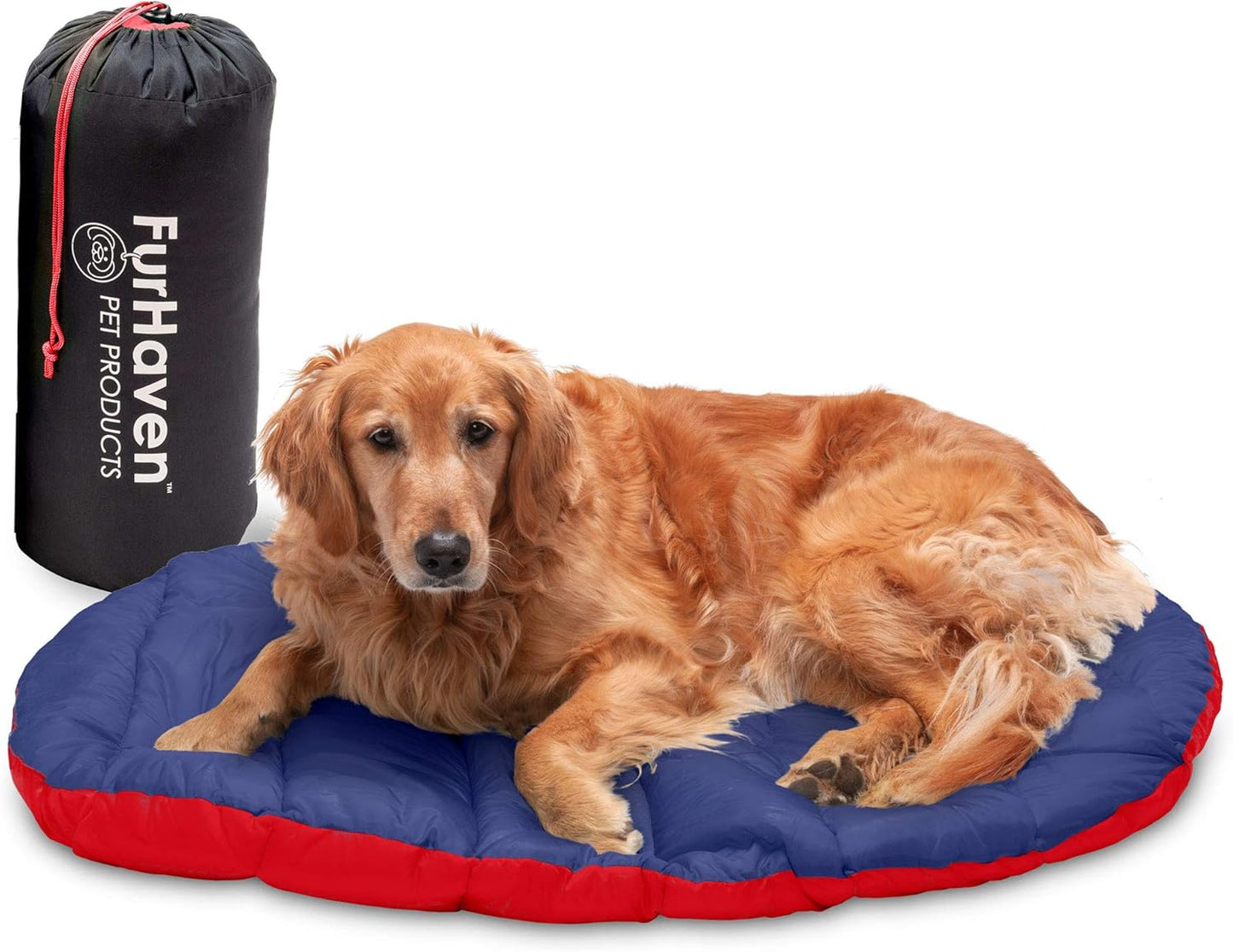 Furhaven Outdoor Travel Dog Bed for Large/Medium Dogs w/ Carry Bag, Washable & Foldable, Great for Crates & Kennels - Trail Pup Travel Pillow Mat w/ Stuff Sack Bag - Flame Red/True Blue, Large