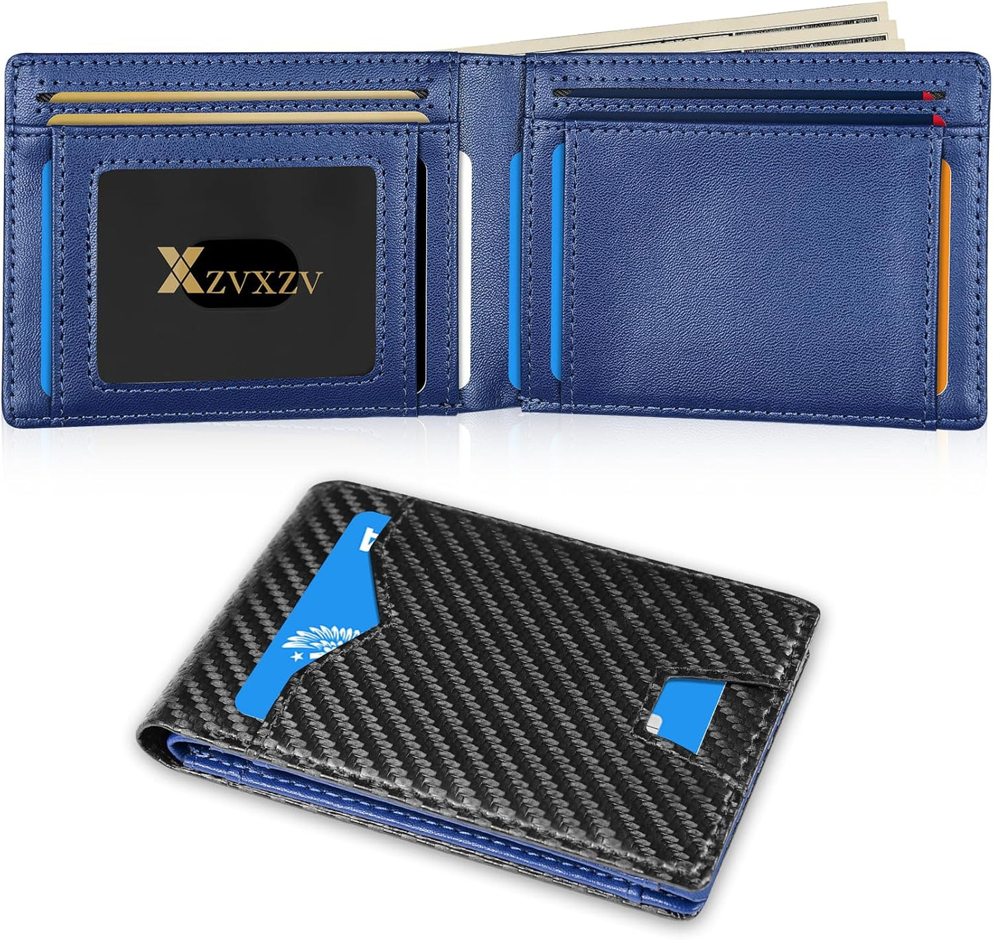 Man Slim Wallet Leather Money Clip RFID Blocking Front Pocket Minimalist Bifold Wallet Thin Credit Card Holder Carbon Black&Blue