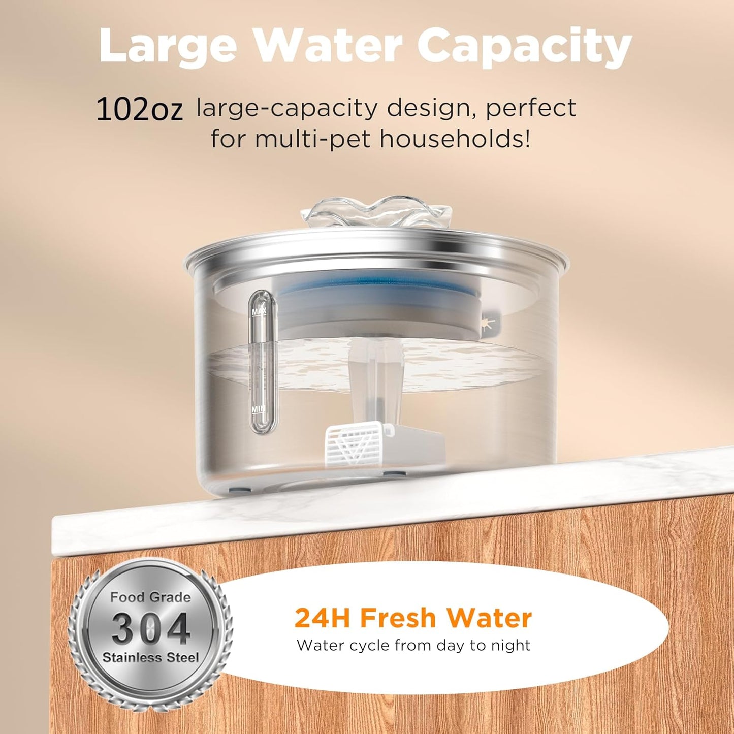 Cat Water Fountain Stainless Steel, 102oz/3L Automatic Pet Water Fountain with 6 Replacement Filters & 6 Pre-Filter Sponges for Cats, Dogs (Cat Fountain + 6 Filters + 6 Sponges)