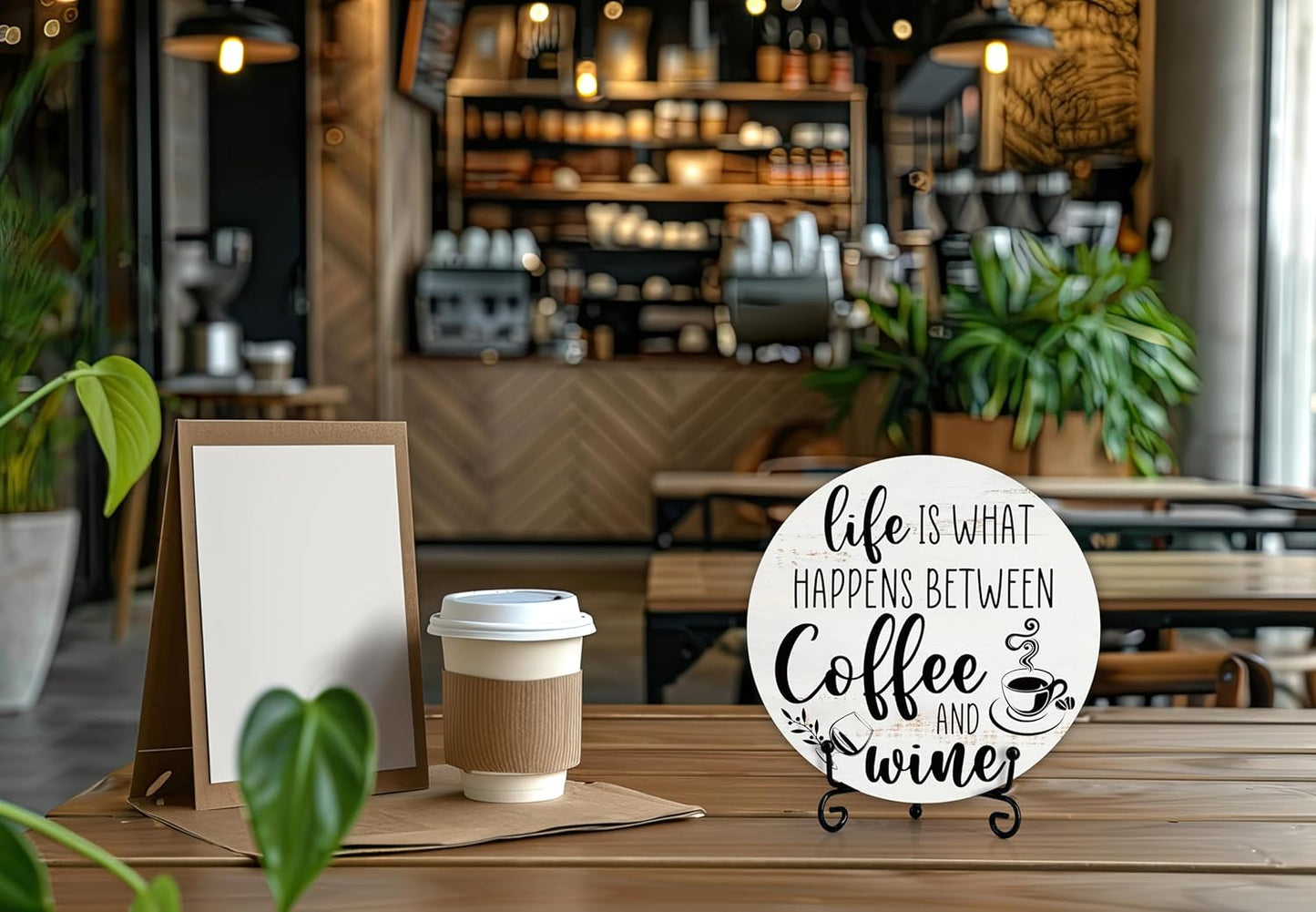 Life Happens Between Coffee and Wine Wood Sign - Rustic Wooden Round Decor for Home Kitchen Farmhouse - Gifts for Coffee and Wine Lovers