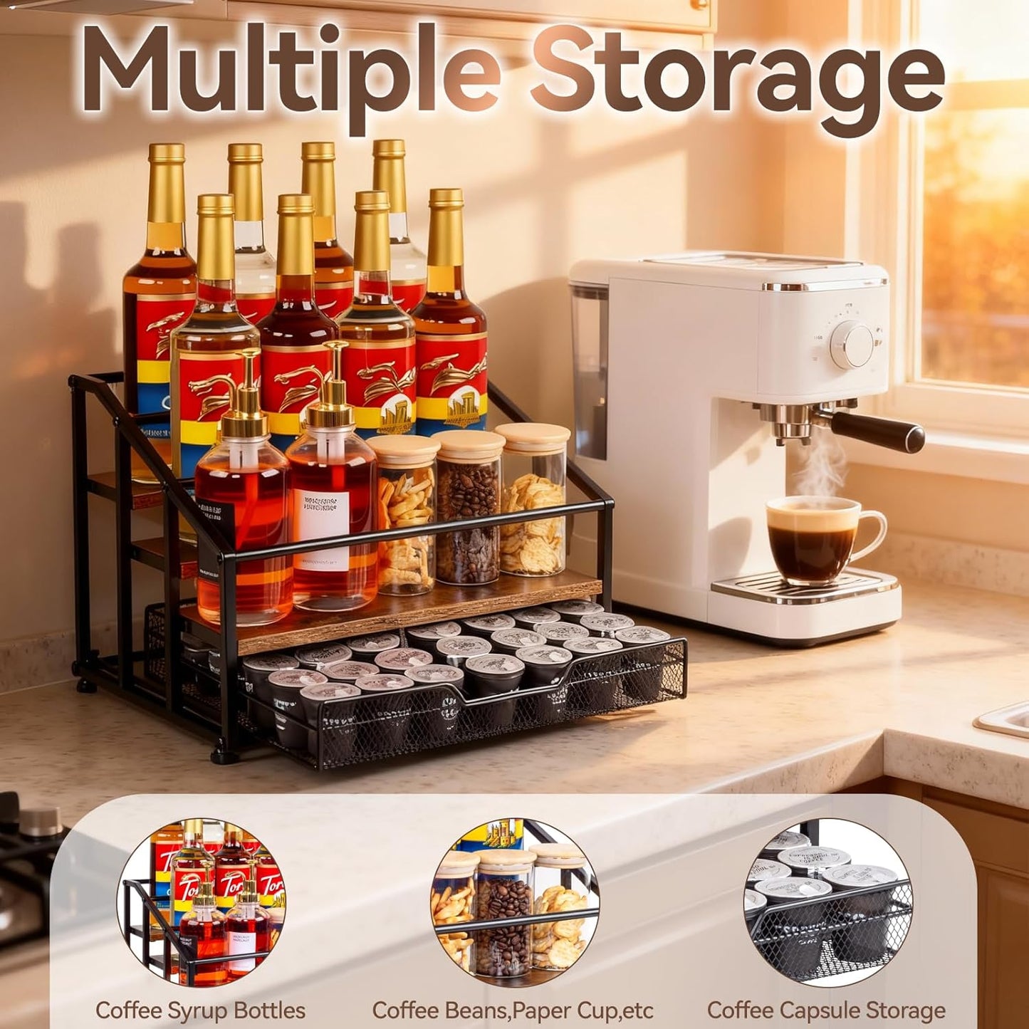 Coffee Syrup Rack Organizer, 4-Tier 12 Bottle Syrup Rack with 35 K Cup Drawer for Coffee Bar, Countertop Bottle Holder Stand for Dressing for Kitchen Cafe Station