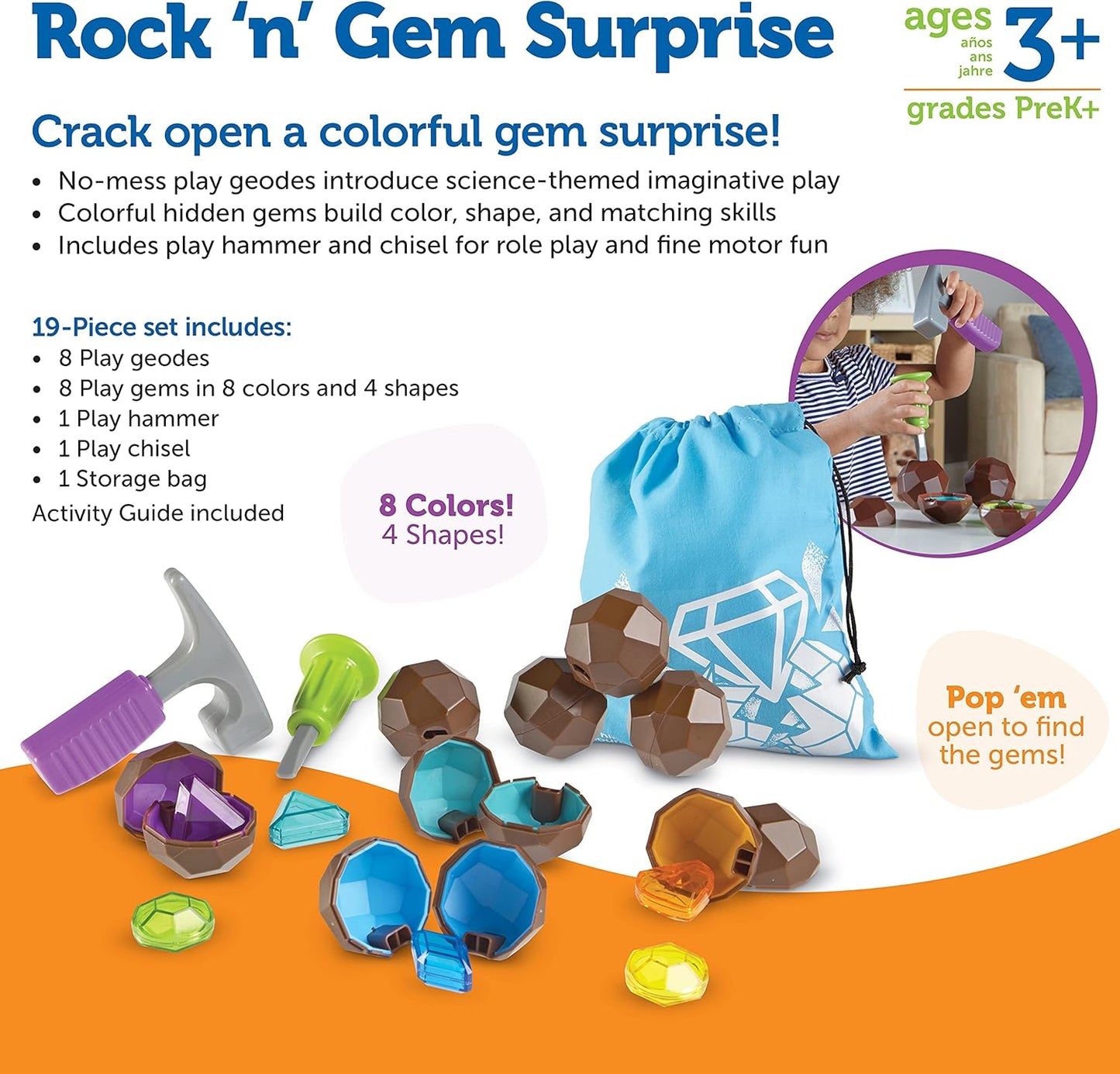 Learning Resources Rock 'n Gem Surprise - 19 Pieces, Ages 3+ Toddler Learning Toys, Sorting and Matching Toys, Early STEM for Kids