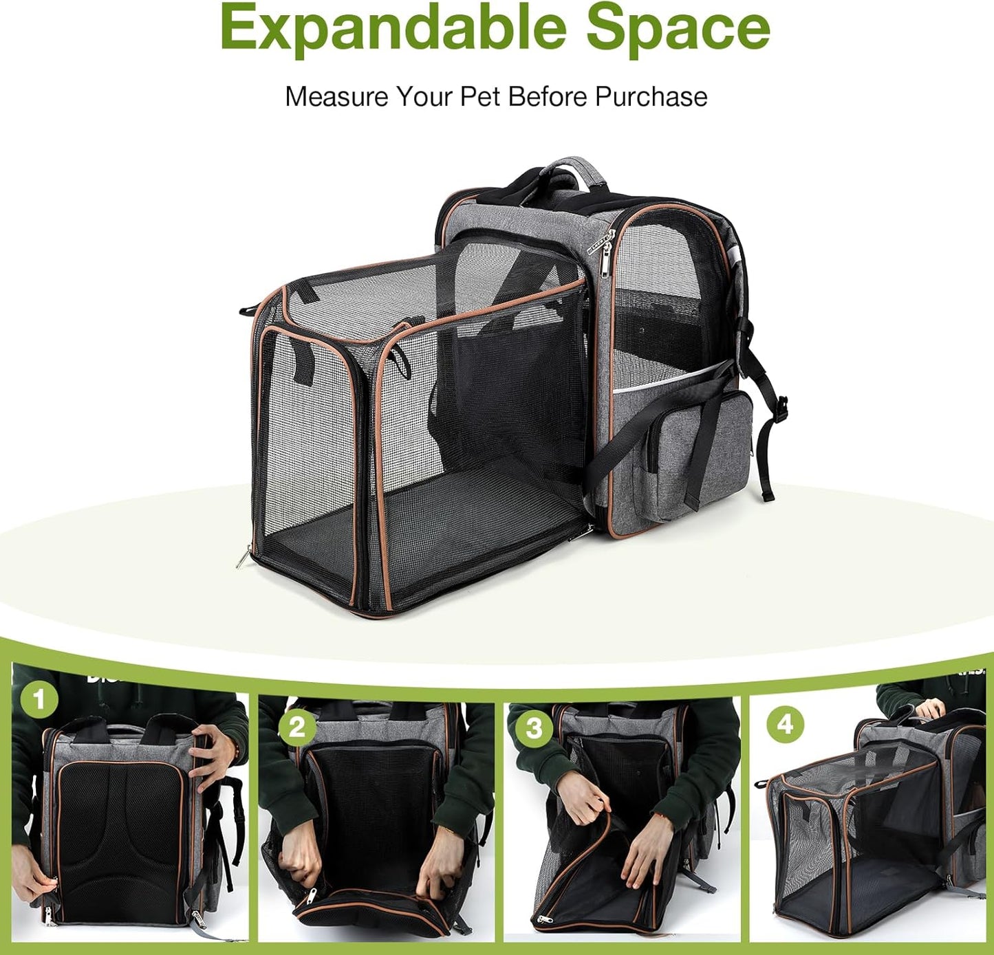 Lekebobor Cat Carrier Backpack, Expandable Pet Carrier with Sun Shade & Full Front Opening, Breathable Mesh Backpack for Small Dogs & Medium Cats Up to 18 Lbs, Foldable for Hiking, Camping (Grey)