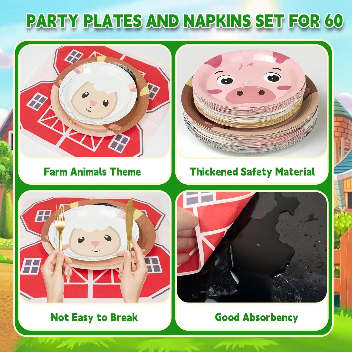 180Pcs Farm Animals Party Supplies Paper Plates and Napkins Serve 60 Disposable Tableware Set for Birthday Party Decorations Game Day Family Holiday Sports Events