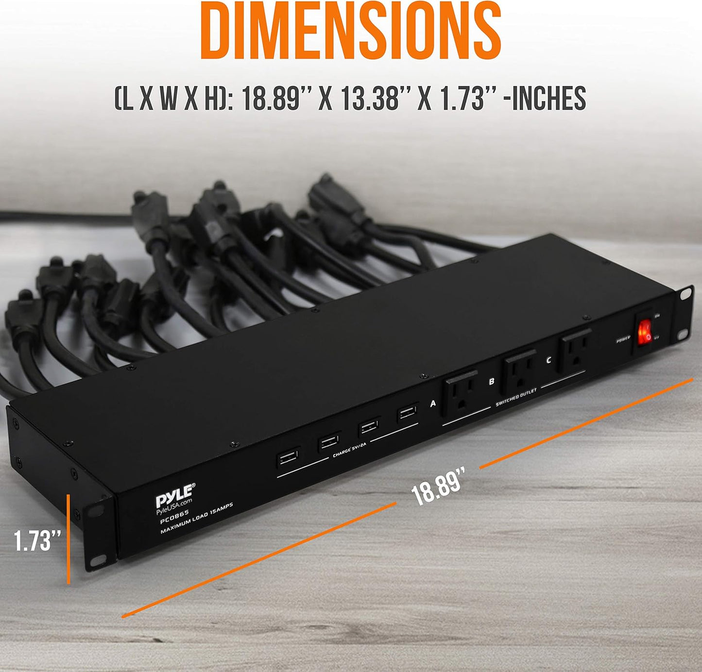 Pyle 19 Outlet 1U 19" Rackmount PDU Power Distribution Supply Center Conditioner Strip Unit Surge Protector 15 Amp Circuit Breaker 4 USB Multi Device Charge Ports 15FT Cord, Black - PCO865