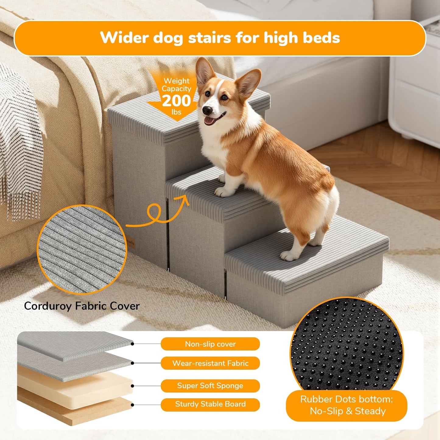 3-Step Wide Dog Stairs 18" H with Removable Cover, Non-Slip Storage Pet Steps for High Bed Couch, Pet Stairs for Small/Medium/Large Old Dogs Puppy Up to 200lbs, Cat Dog Steps for Car, Grey