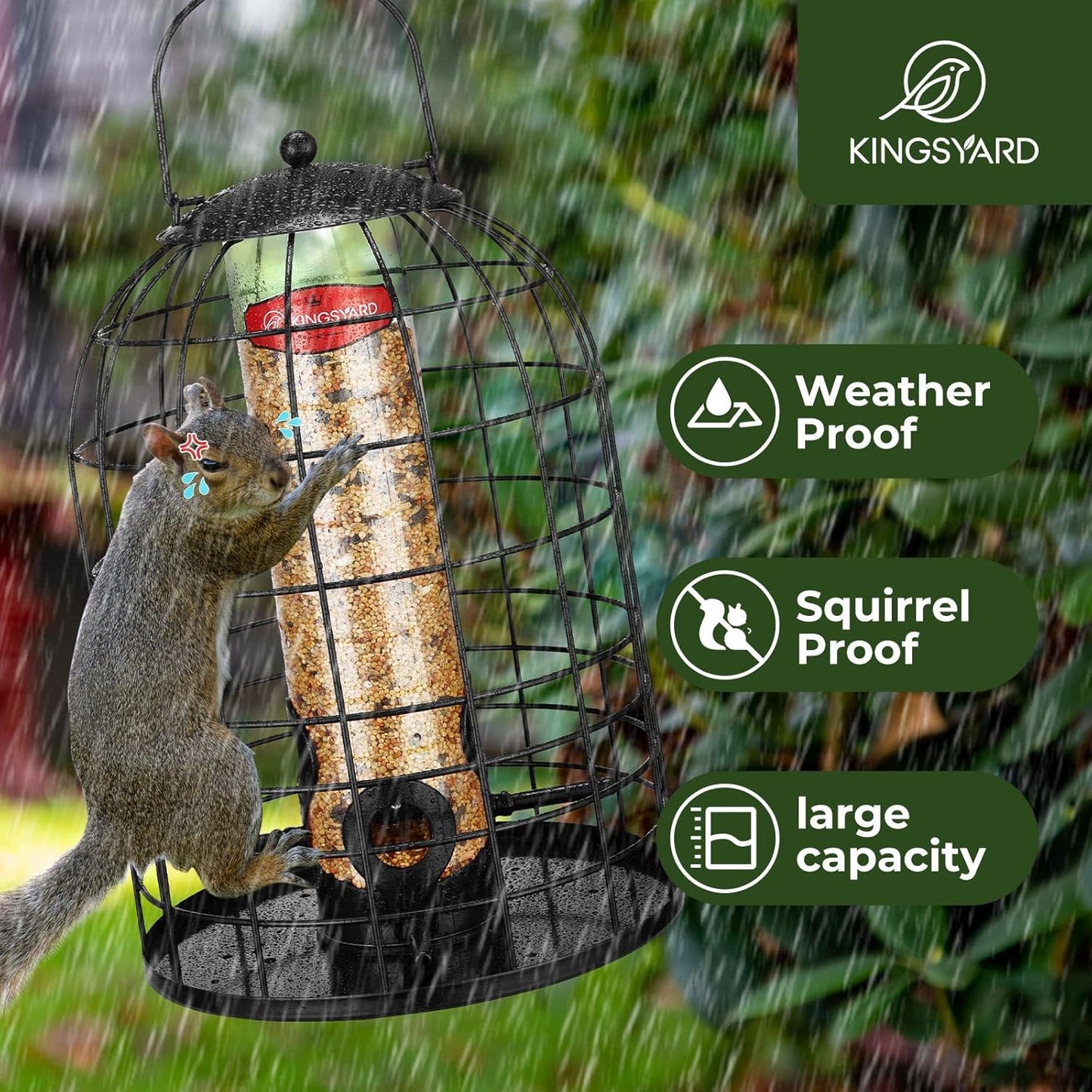 Kingsyard Metal Bird Feeder for Outdoors, Squirrel Proof Caged Tube Feeders Hanging Green, Wild Small Birds Rainproof Station for Garden Yard Seed Easy Clean, Black