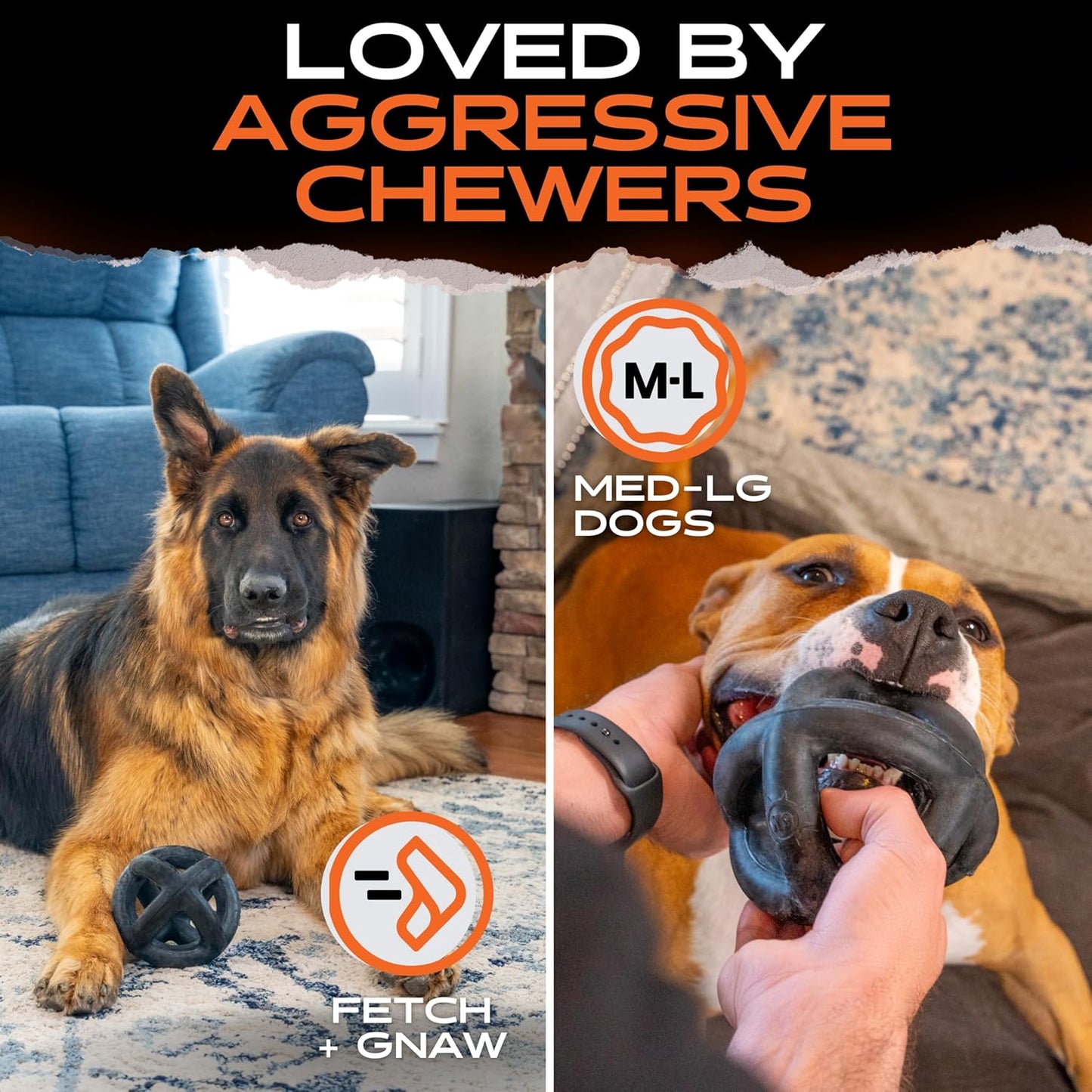 Monster K9 Indestructible Dog Ball – Lifetime Replacemnet - Durable Dog Toy for Aggressive Chewers - Safe, Non-Toxic Natural Rubber - Chew, Tug & Fetch - Tough, Heavy Duty - 5.5” (2X Tennis Ball Size)