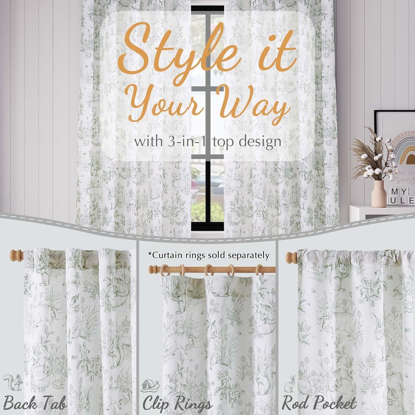 jinchan Easter Decor Linen Nursery Curtains 84 inch Long Woodland Wildlife Sage Green Print Drapes for Kid's Room Light Filtering French Country Farmhouse Curtains with Bunny Design Set of 2 Panels