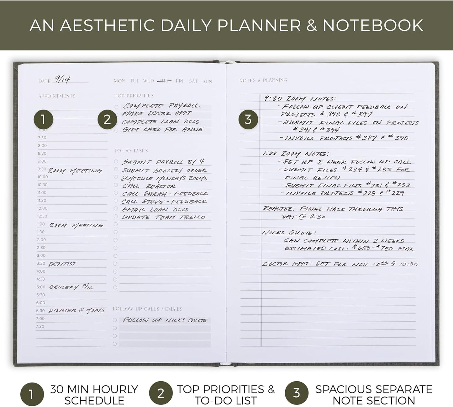 Aesthetic Daily Planner And Notebook With Hourly Schedule - Modern Hardcover To do List Notepad to Easily Organize Your Work Tasks And Appointments - The Perfect Book for School & Office Supplies