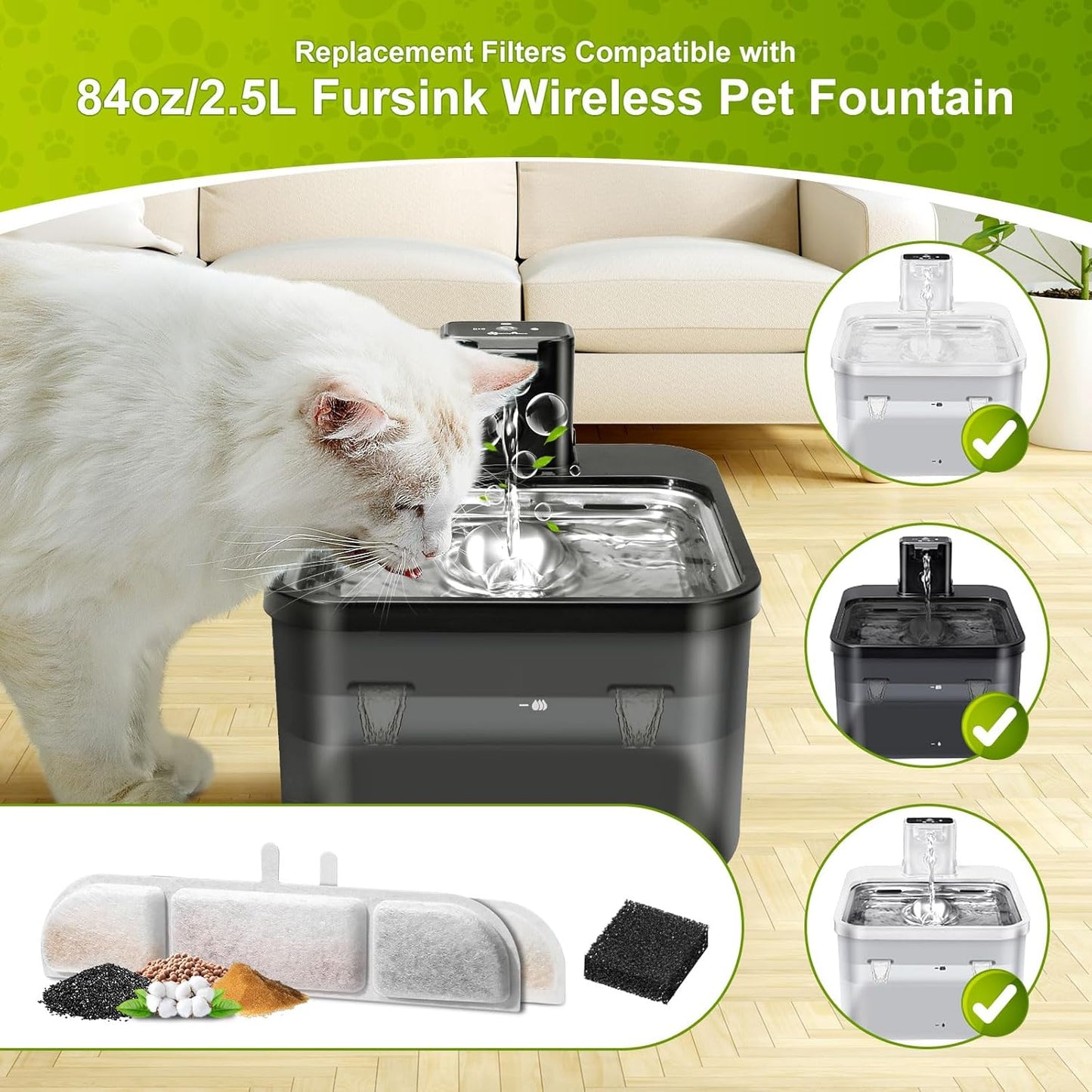 12 Packs Replacement Filters for 84oz/2.5L Fursink Pet Water Fountain, ZEKIRY Cat Water Fountain Filter, Triple Filtration Pet Fountain Filter Replacement(12 Filters & 12 Sponges)