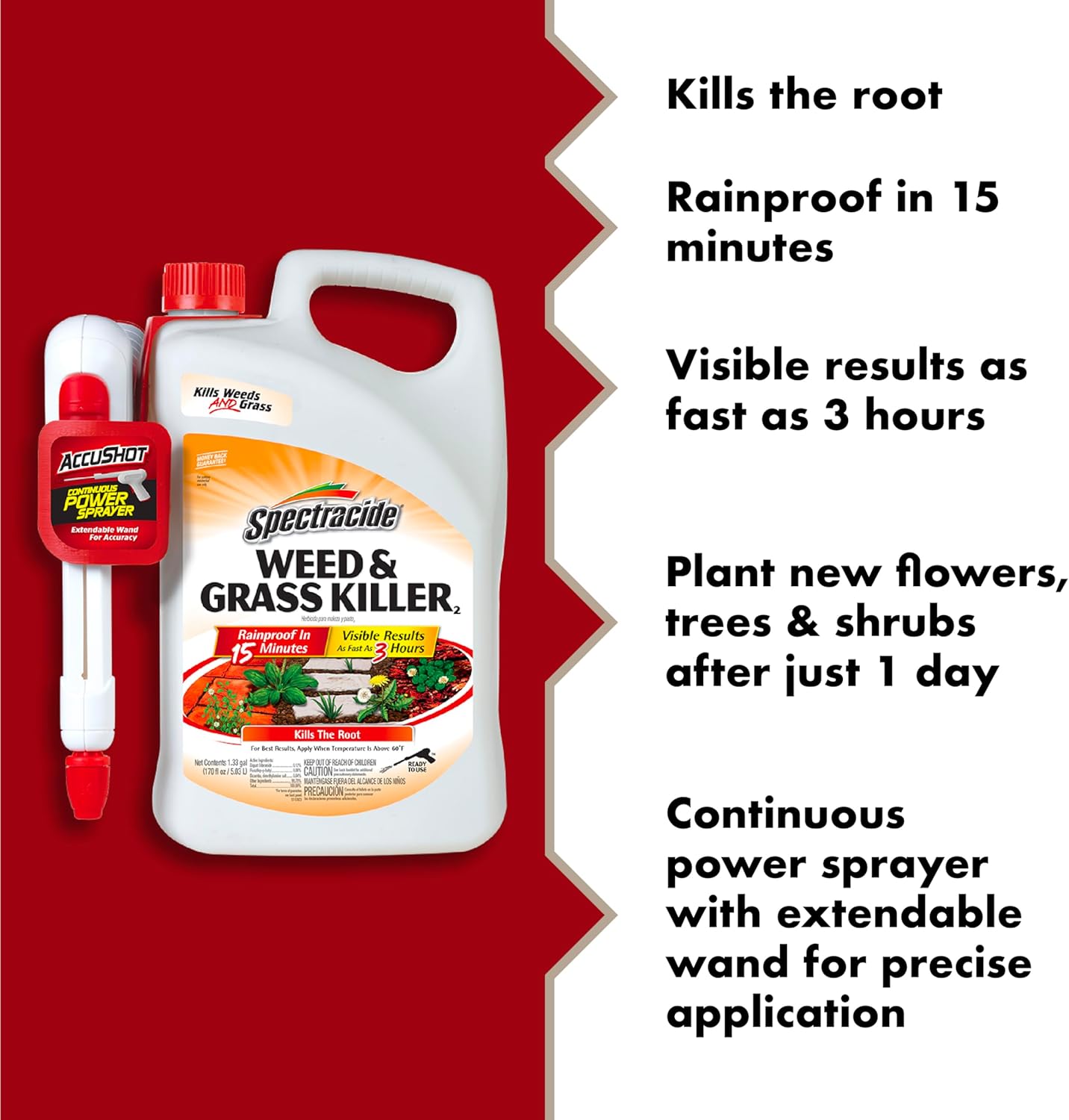 Spectracide Weed & Grass Killer, 1.33 Gallons, With AccuShot Continuous Power Sprayer Kills Broadleaf Weeds and Grasses Down to the Root, Rainproof in 15 Minutes with Visible Results in 3 Hours