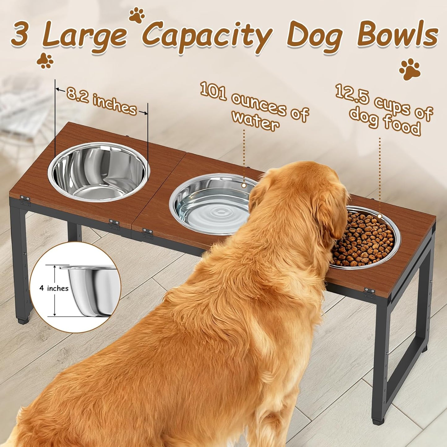 Elevated Dog Bowls Large Breed,Adjustable Raised Dog Bowl Stand,Stainless Steel 3 Bowl Dogs Feeding Station,12.5cup/101oz Each Food Water Bowl(Iron Holder,Wooden Platform,Grained Oak)