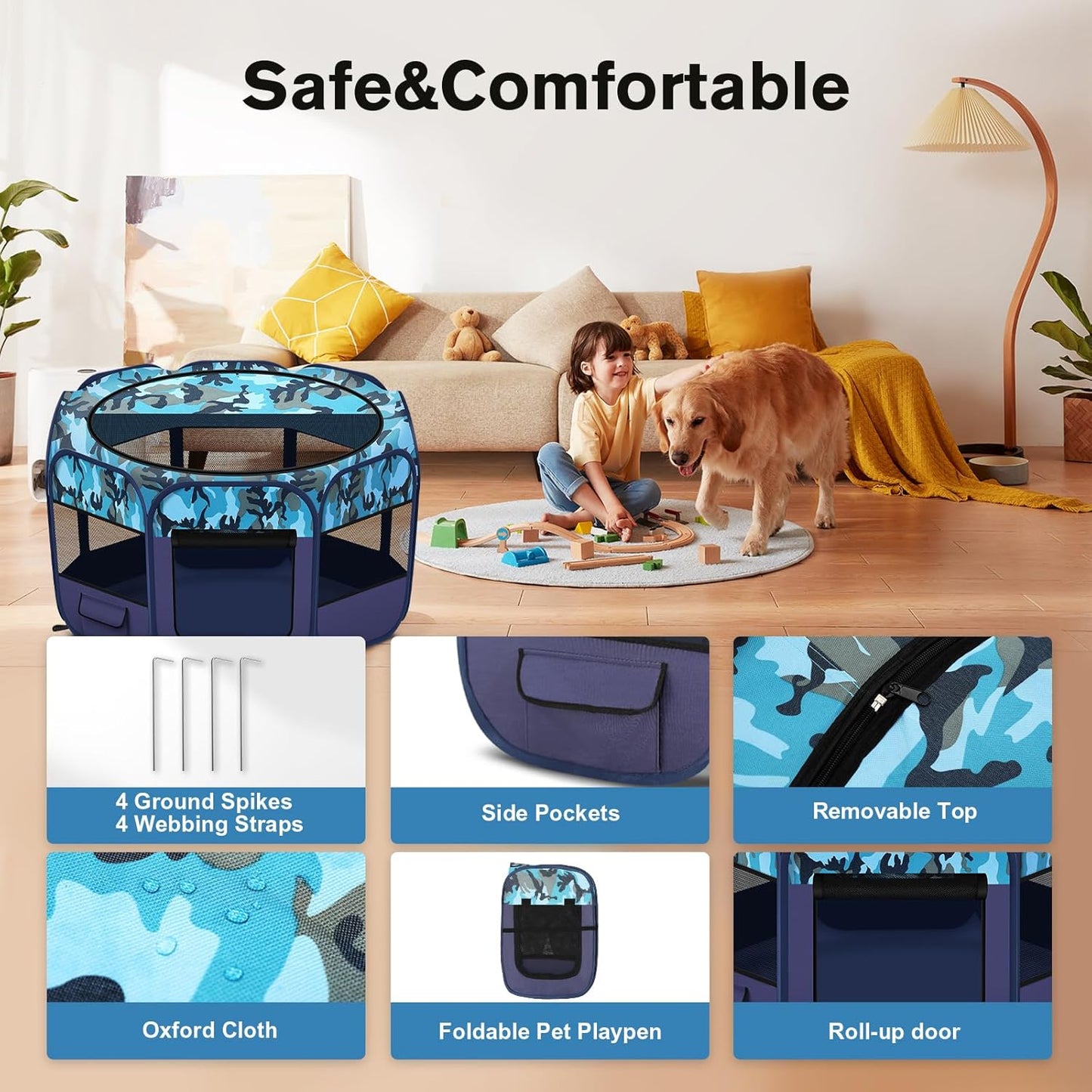 Dog Playpen, Pet Playpen, Portable Cat Playpen, Pop Up Foldable Puppy Playpen Exercise Kennel Tent with Carry Case Collapsible Bowl,Water-Resistant Shade Cover for Outdoor Indoor Travel