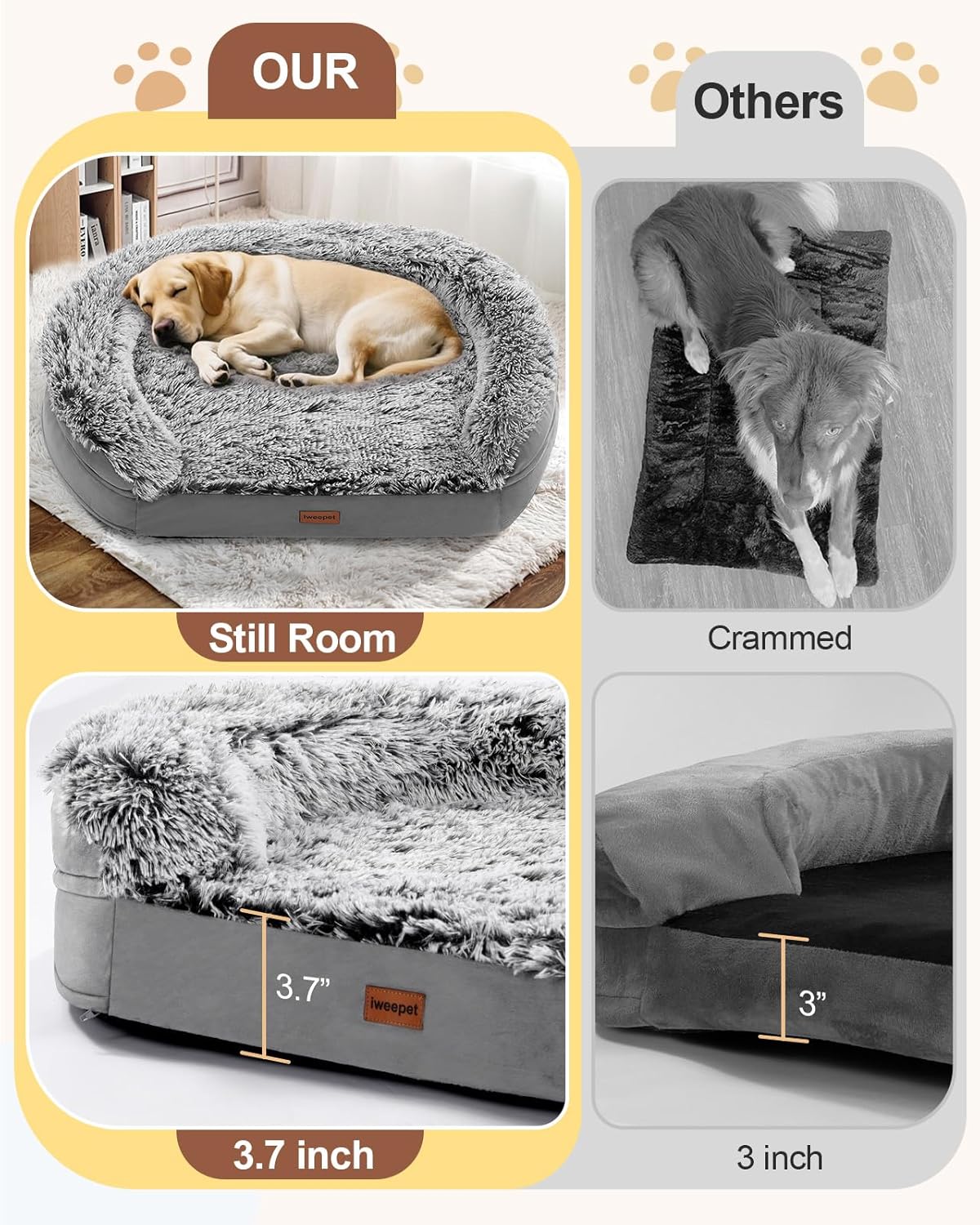 Fluffy 3.7 inch Thickened Orthopedic Dog Beds for Jumbo Dogs, Curved Bolster Support Dog Couch with Removable & Washable Cover, Orthopedic Oval Memory Foam, Non Slip Bottom,Grey