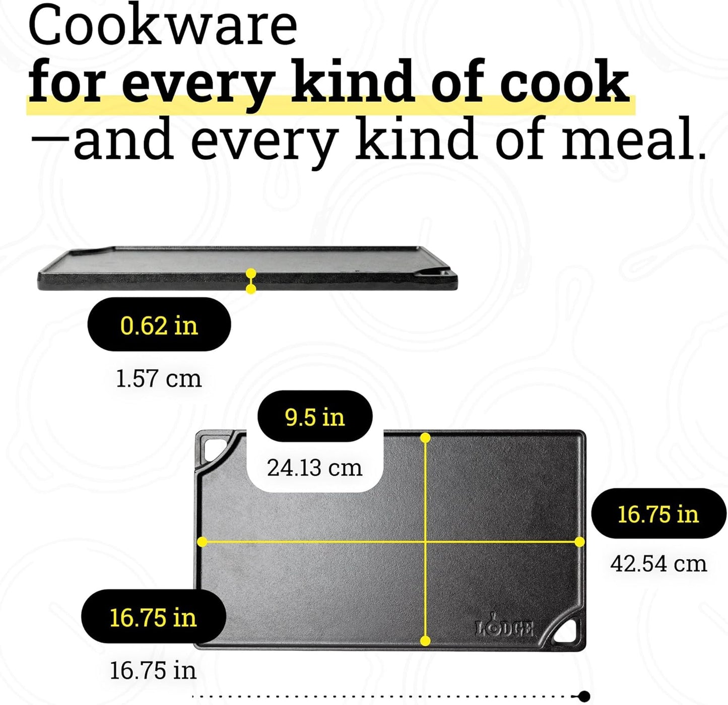 Lodge Double Play Reversible Cast Iron Grill/Griddle - Dual-Sided with Double Burner Configuration for Eggs, Pancakes, Burgers & More - Seasoned, Non-Toxic Cookware - Heavy-Duty Grill Pan - Black