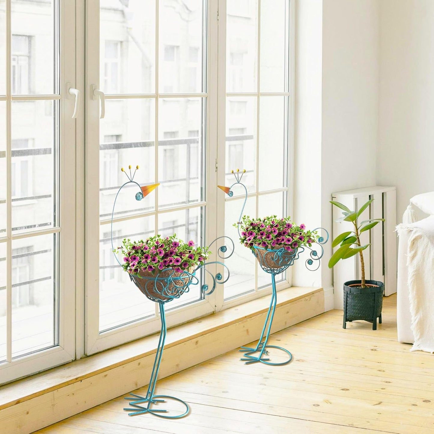 J-Fly Peacock Metal Plant Stand 2 Sets Flower Pots Holders, Planters for Outdoor Indoor Plants with Coconut Pots, Front Porch Garden Balcony Patio Decor for Plant, Valentine Decoration Gifts