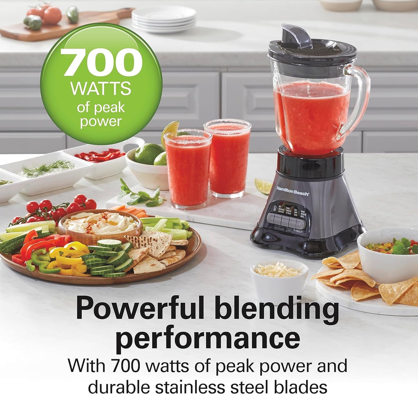 Hamilton Beach Blender and Food Processor Combo for Shakes & Smoothies, With 3 Cup Electric Food Chopper Attachment, 40 oz Glass Jar, Blender Travel Cup, 700 Watts Peak Power, Gray & Black (58163)
