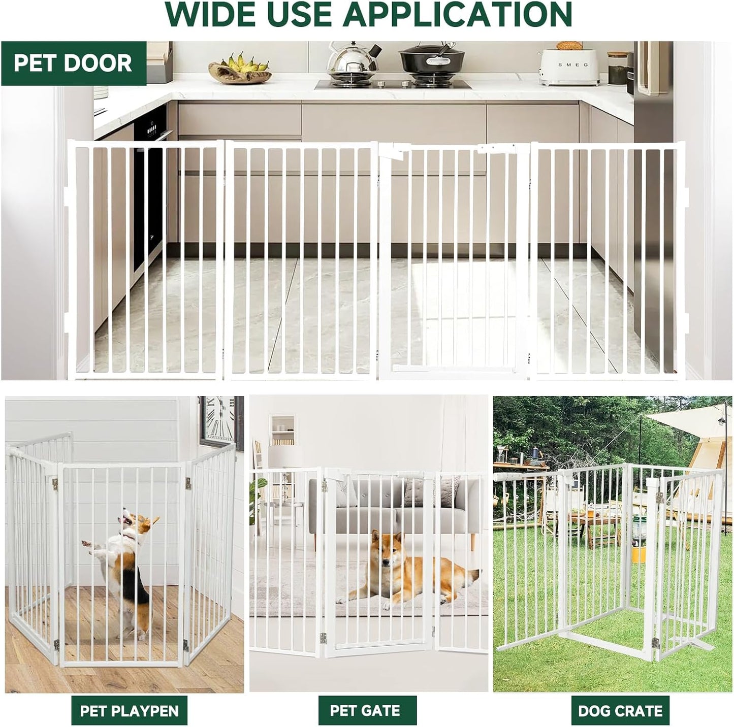 Snagle Paw Metal Freestanding Dog Gate with Door, 80” W x 32” H Dog Fence with Support Feet for Doorways, Stairs and Hallways, Portable Pet Gate for Indoor Use (4 Panel, White)