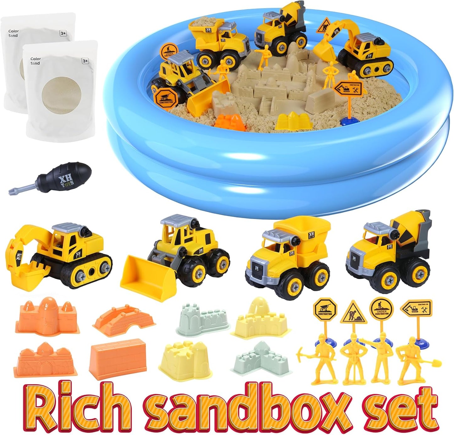 Play Construction Sand Kit,2.2lbs Magic Sand W/4 Large Take Apart Construction Trucks,1 Sandbox,8 Worker Figures and Road Signs,8 Molds,Toys for 2-8 Years Old Boys Girls