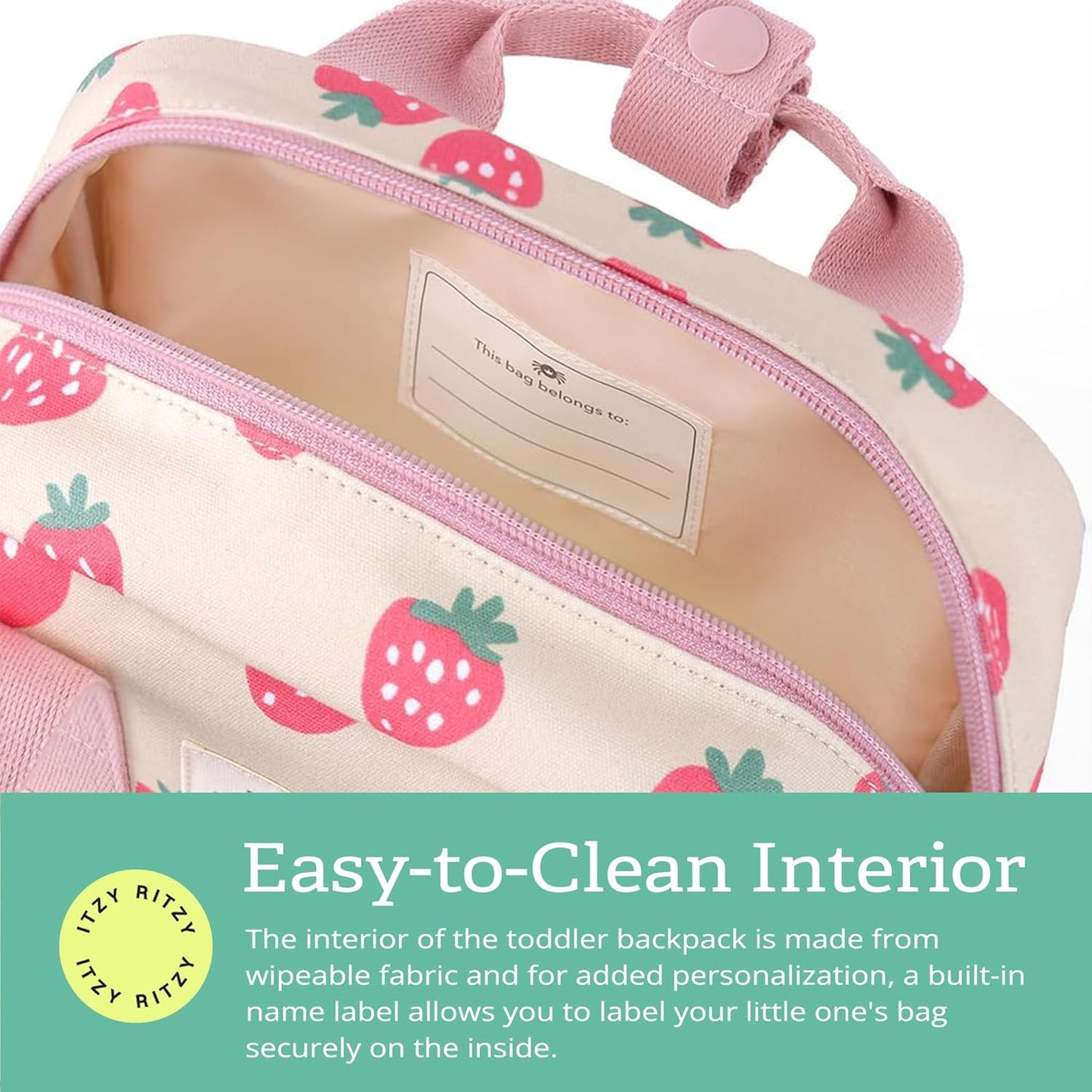 Itzy Ritzy Toddler Backpack - Daycare Bag - Features Adjustable Shoulder Straps, 2 Side Pockets & Spacious Interior with Wipeable Fabric Lining & Name Label, Strawberry Backpack