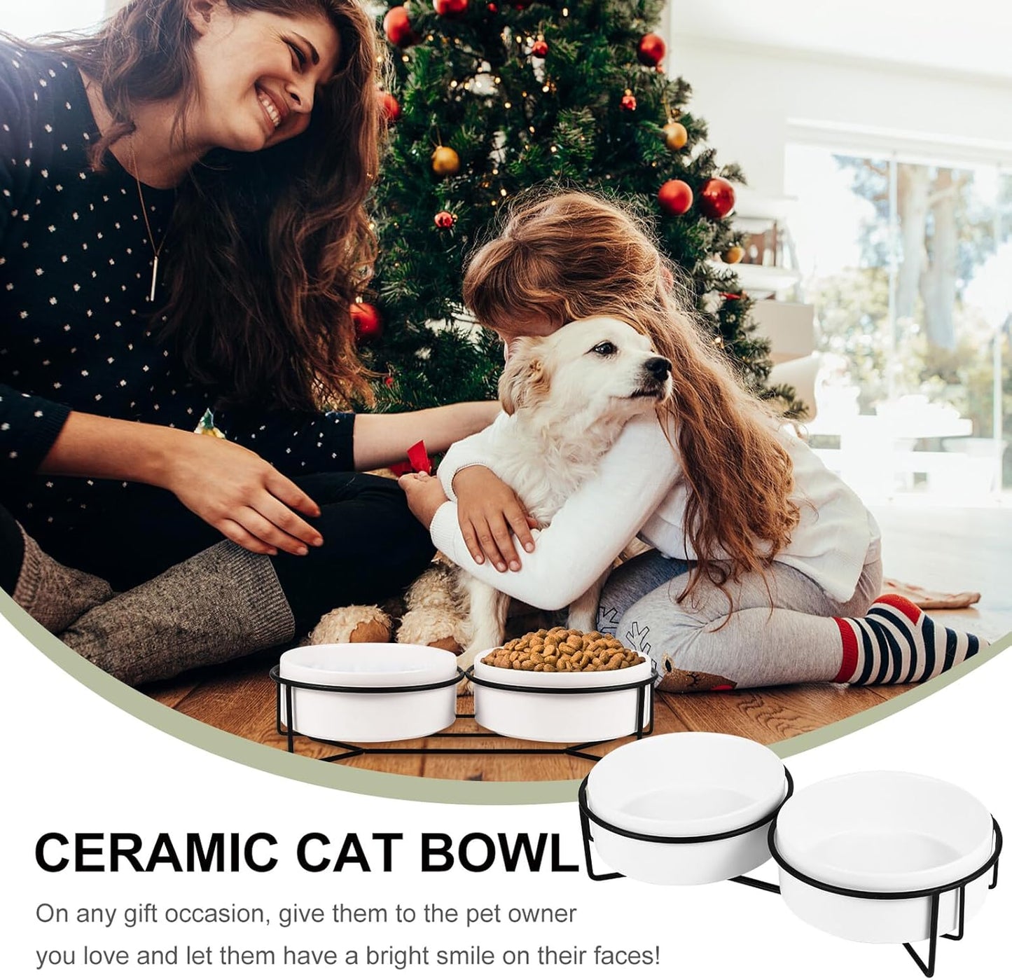 PRETYZOOM Ceramic Pet Bowl Double Dog Bowls with Black Iron Raised Stand 13cm Spill-Resistant Cat Feeding Dish for Water and Food