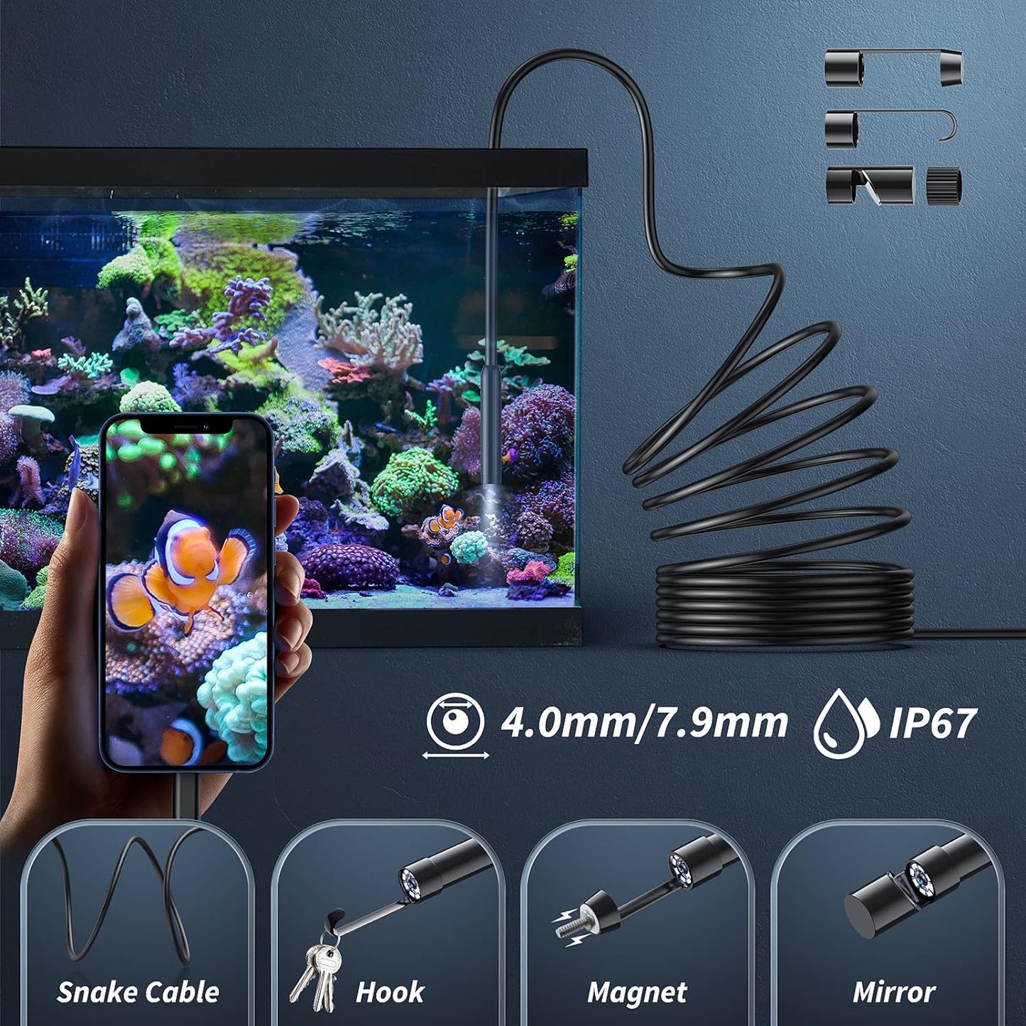 Endoscope Camera with Light, 1920P HD Borescope Tools with 8 Adjustable LED Lights, Endoscope with Semi-Rigid Snake Camera, Inspection Borescope for iOS and Android - 16.4ft Single Lens