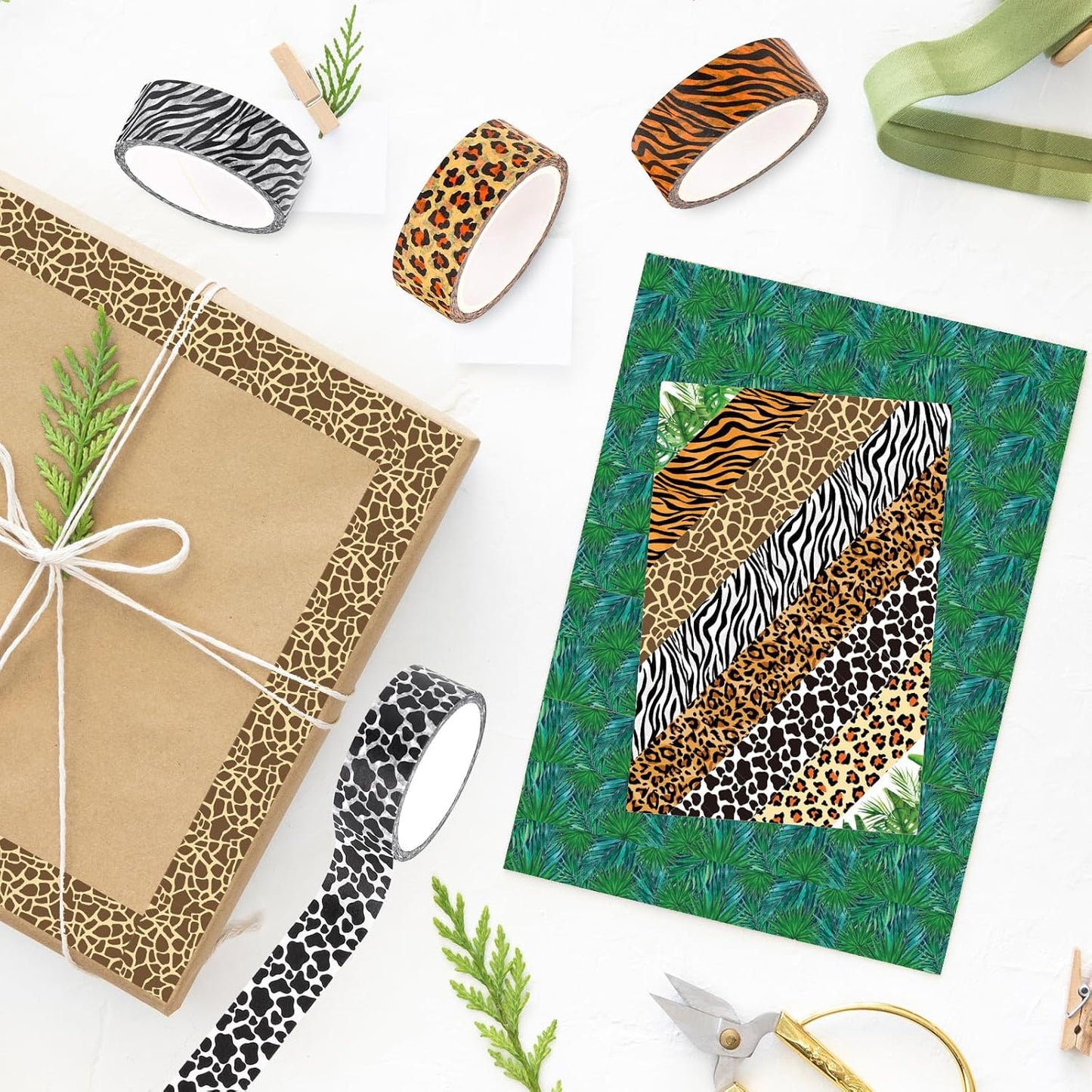 Whaline 8 Rolls Animal Prints Washi Tape Safari Decorative Masking Tape Set Leopard Zebra Tiger Giraffe Greenery Wrapping Paper Tape for Scrapbook Journal DIY Art Crafts