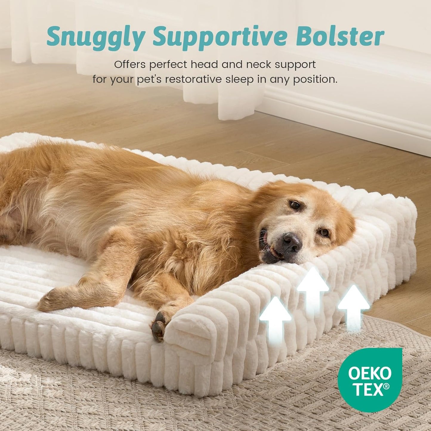 Large Dog Bed for Large Dogs, Faux Rabbit Fur Orthopedic Foam Dog Bed with Sides, Removable Washable Cover & Waterproof Lining, Comfortable Pet Couch, Cream (44" L x 32" W x 7" Th)