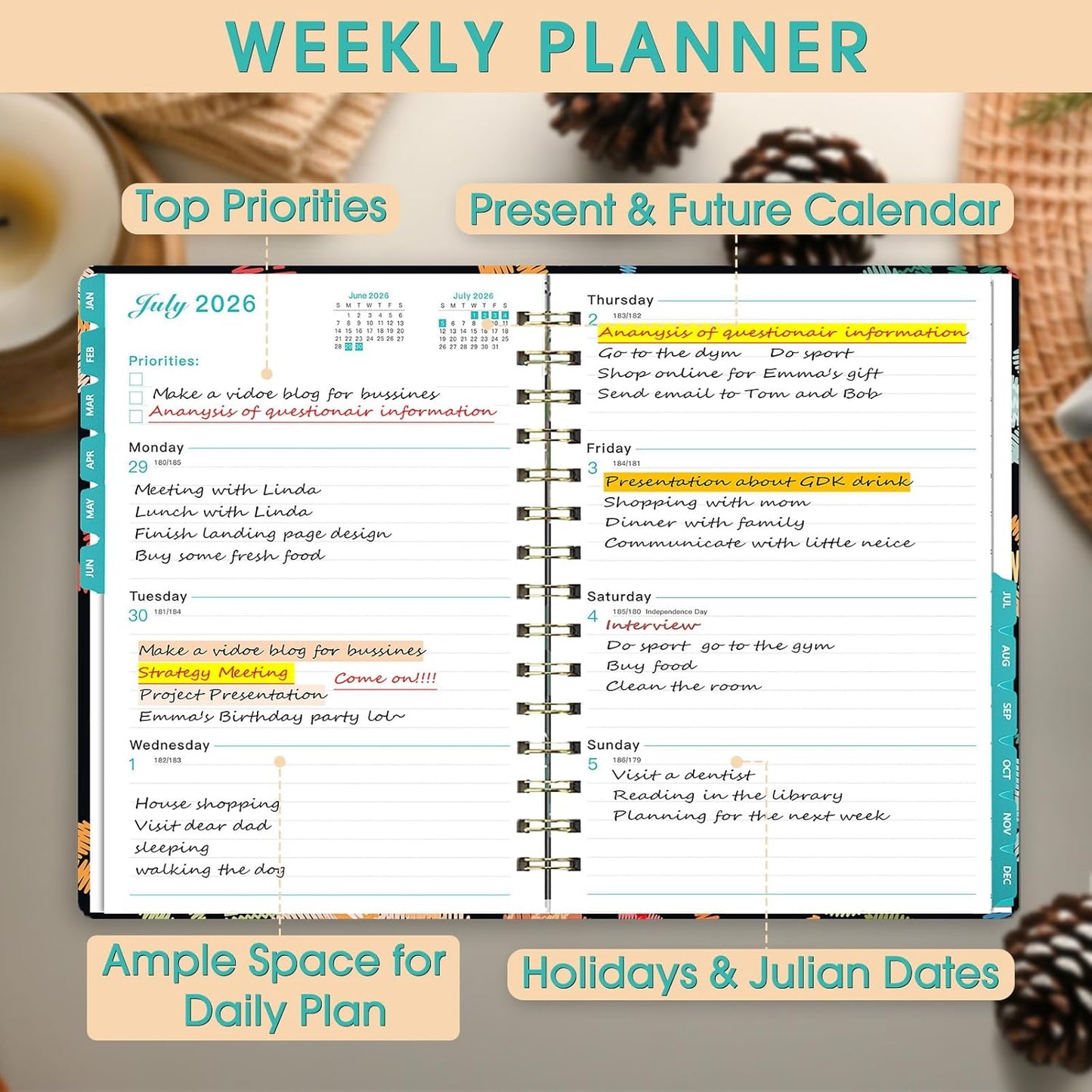 Ymumuda 2026 Planner, Daily Weekly and Monthly Planner，Jan 2026 - Dec 2026, 8.4" x 6.3", 2026 Calendar Planner Book with Tabs, Spiral Notebook with Inner Pocket for Office Home School Supplies