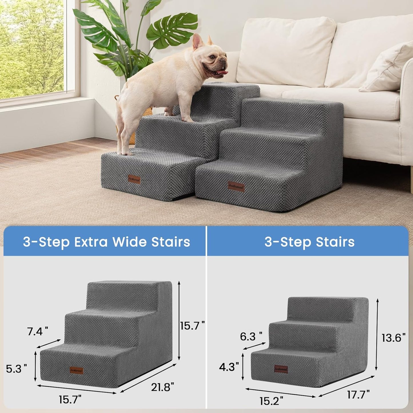 Dog Stairs for Small Dogs, 3-Step Non-Slip Pet Stairs for Couch Sofa and Chair, Dog Bed Stairs for Puppy, Older Cat,Grey,13.6" H