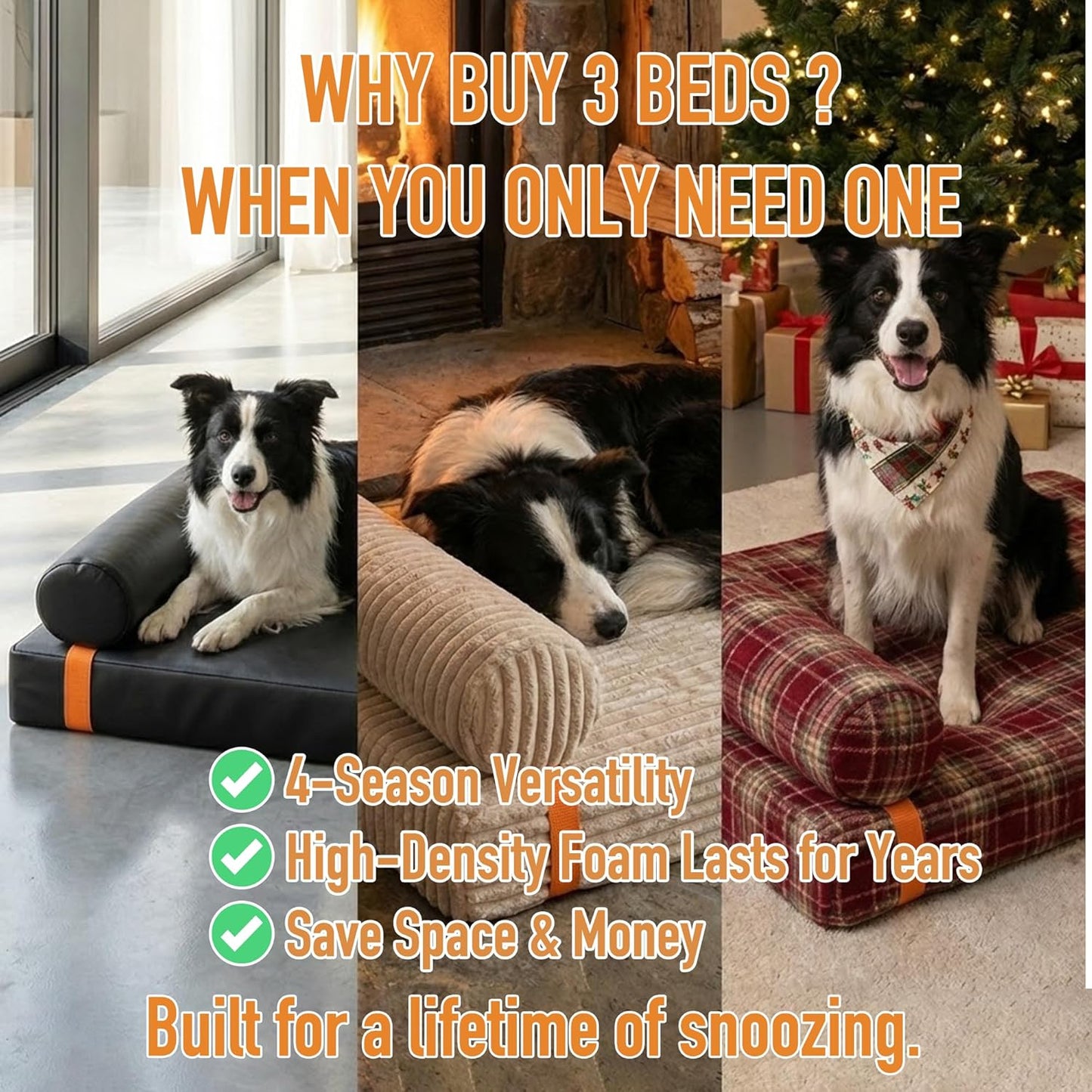 Orthopedic Dog Bed with 3 Interchangeable Covers (Leather, Plush, Plaid) – 4.4" Thick Waterproof Memory Foam Pet Mattress for Medium to Large Dogs up to 70lbs – 4-Season Washable Bundle