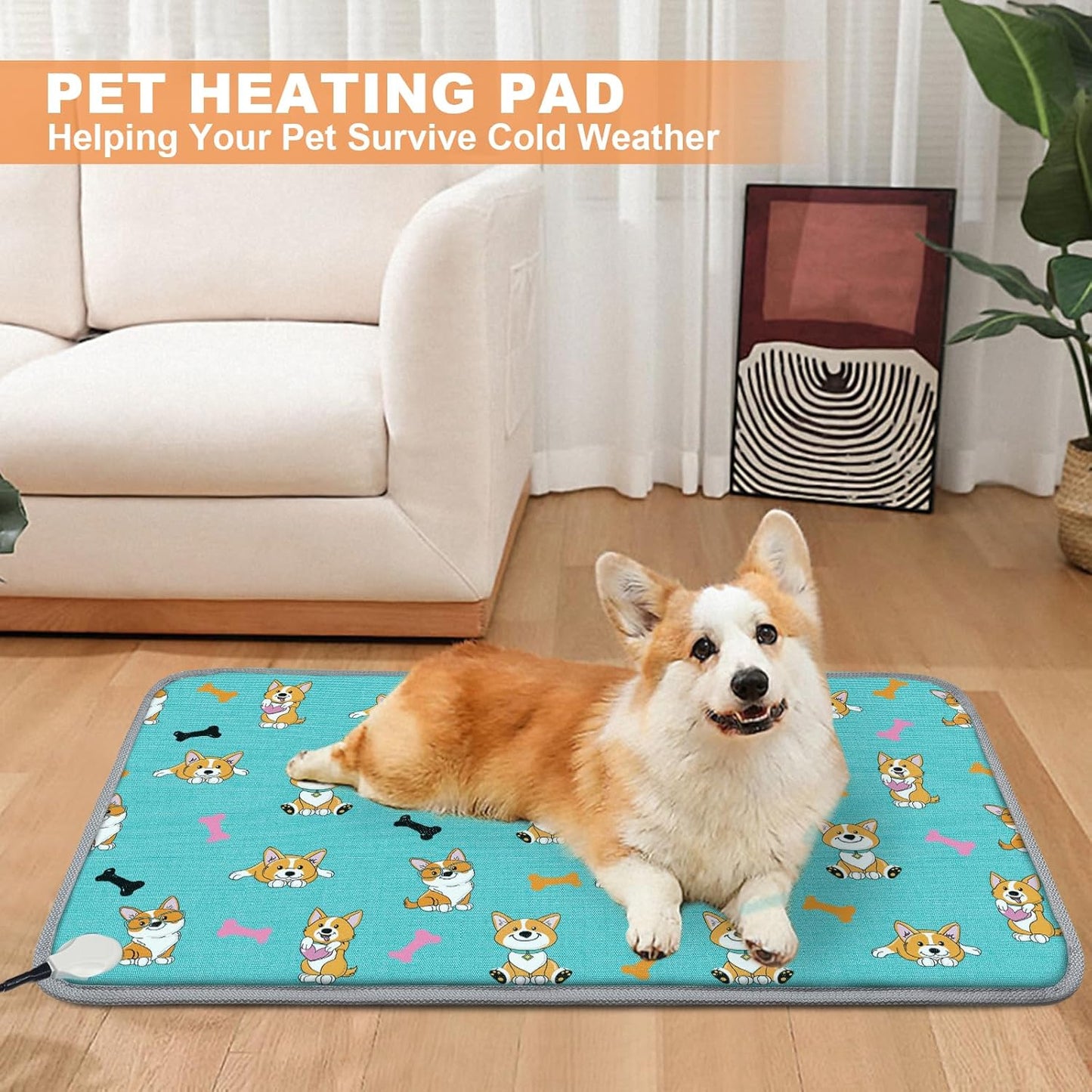 Large Pet Heating Pad (30x47in) Temperature Adjustable Dog Cat Heating Pad with Timer, Waterproof Heated Cat Bed Mat with Chew Resistant Cord